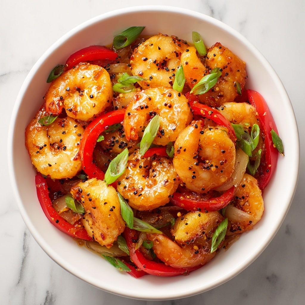 A white bowl filled with a saucy shrimp stir-fry, featuring about two layers: the top layer shows golden-brown shrimp seasoned with black pepper and herbs, arranged closely together, while beneath and around the shrimp are bright red sliced bell peppers and green scallions, adding vibrant color contrast. The shrimp have a shiny glaze that looks slightly sticky and savory, and the vegetables appear fresh and cooked but still crisp. The background is a white marbled texture. Photo taken with an iphone --ar 4:5 --v 7