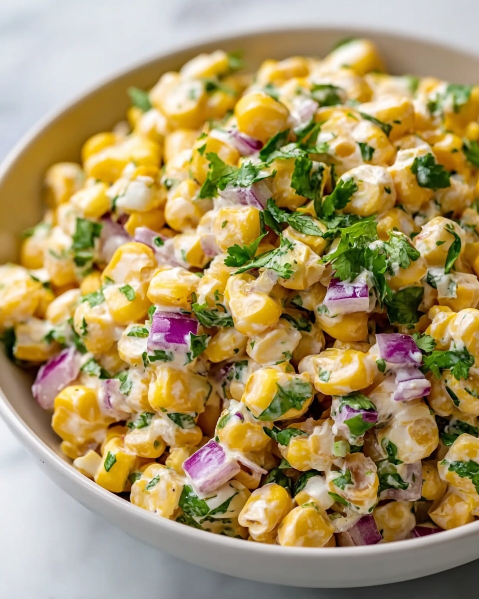 A white bowl filled with a creamy corn salad that has bright yellow corn kernels mixed with small pieces of purple onion and green herbs evenly spread throughout. The salad is topped with a green lime wedge placed on the right side and a slice of green jalapeño pepper partially visible behind it. The texture of the salad looks fresh and creamy with a slight gloss from the dressing. The bowl rests on a white napkin set on a white marbled surface with blurred green leaves and jalapeño slices in the background. Photo taken with an iphone --ar 4:5 --v 7