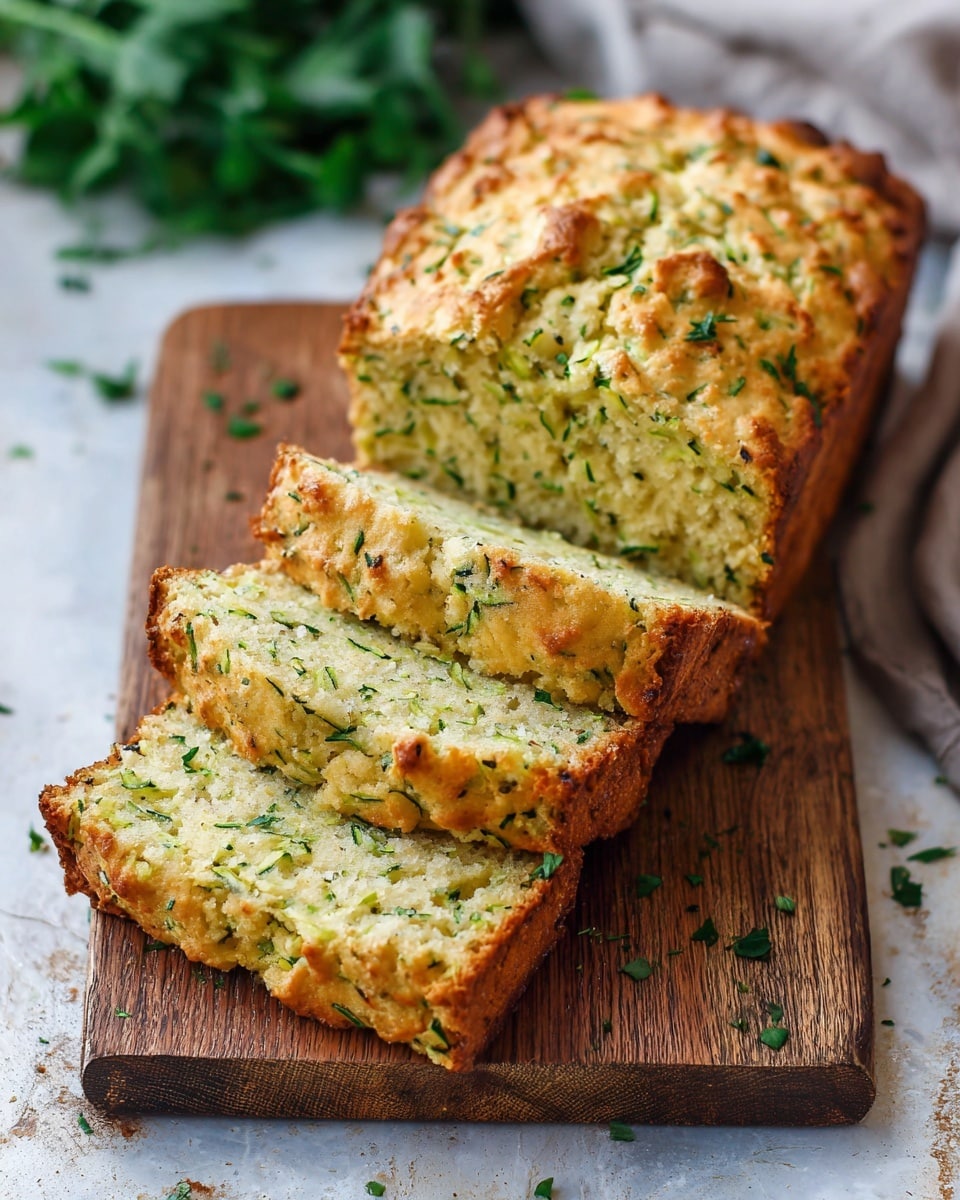 The image shows a loaf of golden baked herb bread sliced into five thick pieces, placed on a wooden cutting board. The bread has a crunchy and slightly browned crust with visible green herbs scattered throughout, giving it a fresh, textured look. The inside is soft and light yellow with green flecks, indicating herbs are mixed evenly in the dough. The board rests on a white marbled surface with some herbs sprinkled around for decoration. photo taken with an iphone --ar 4:5 --v 7