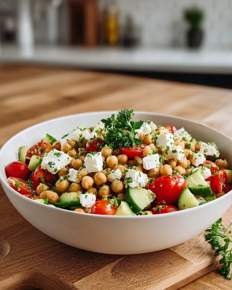 A white bowl filled with a colorful salad sitting on a wooden table in a kitchen setting. The salad has three main layers: the bottom layer consists of green cucumber slices with a fresh, slightly rough texture; the middle layer is made of round, light brown chickpeas evenly spread; the top layer features halved bright red cherry tomatoes and dollops of white, crumbly cheese scattered throughout. The salad is garnished with chopped green parsley and a sprig of parsley placed in the center on top. Light olive oil is drizzled over the salad, adding a slight shine to some ingredients. Photo taken with an iphone --ar 4:5 --v 7