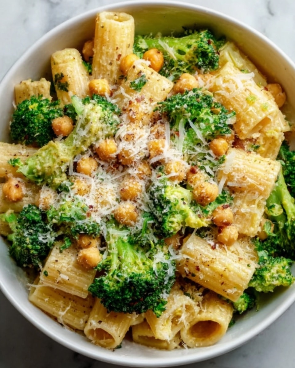 The image shows a close-up of a bowl filled with short tube pasta mixed with bright green broccoli florets and golden-brown chickpeas, all evenly coated in a light sauce. The pasta is pale yellow with a smooth, slightly glossy texture, while the broccoli pieces show a fresh, slightly rough surface. The chickpeas add a round shape and crunchy look to the dish. On top, there is a generous sprinkle of grated white cheese and small bits of green herbs, adding texture and color contrast. The bowl is white and sits on a white marbled surface. photo taken with an iphone --ar 4:5 --v 7