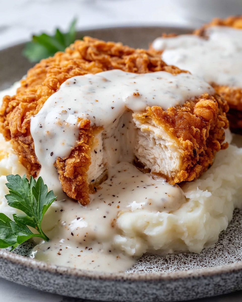 The image shows a white plate with a serving of golden brown, crispy fried chicken covered with a thick layer of white gravy with black pepper sprinkled on top. Next to the chicken is a mound of smooth, creamy white mashed potatoes. In the background, there are a few more pieces of fried chicken on the white marbled surface, and some fresh green parsley adds color to the scene. The textures of the fried chicken are crunchy and rough, while the gravy is creamy and smooth, with the mashed potatoes fluffy and soft. photo taken with an iphone --ar 4:5 --v 7