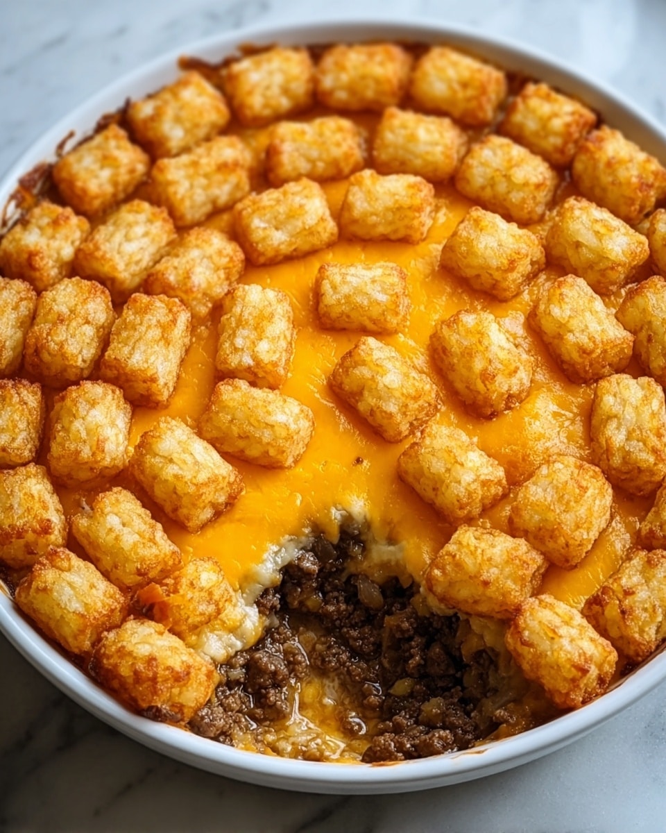 This dish is in a shallow white round baking dish with a visible piece missing, showing two layers inside. The bottom layer is cooked ground beef, dark brown and crumbly. The top layer has small, golden-brown, crispy tater tots arranged in a close pattern with melted orange cheddar cheese between and partly covering them, creating a shiny and slightly gooey texture. The dish rests on a white marbled surface. Photo taken with an iphone --ar 4:5 --v 7