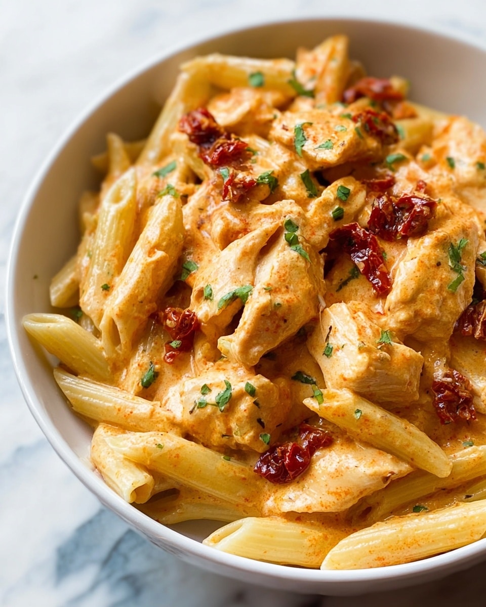 A close-up view of a white bowl filled with three visible layers: the base layer is cooked penne pasta in a light golden color; on top of the pasta, there are creamy orange sauce-coated chicken pieces with small bits of red sun-dried tomatoes mixed in; the dish is finished with small pieces of green herbs sprinkled on top for a fresh touch. The background shows a white marbled surface. photo taken with an iphone --ar 4:5 --v 7