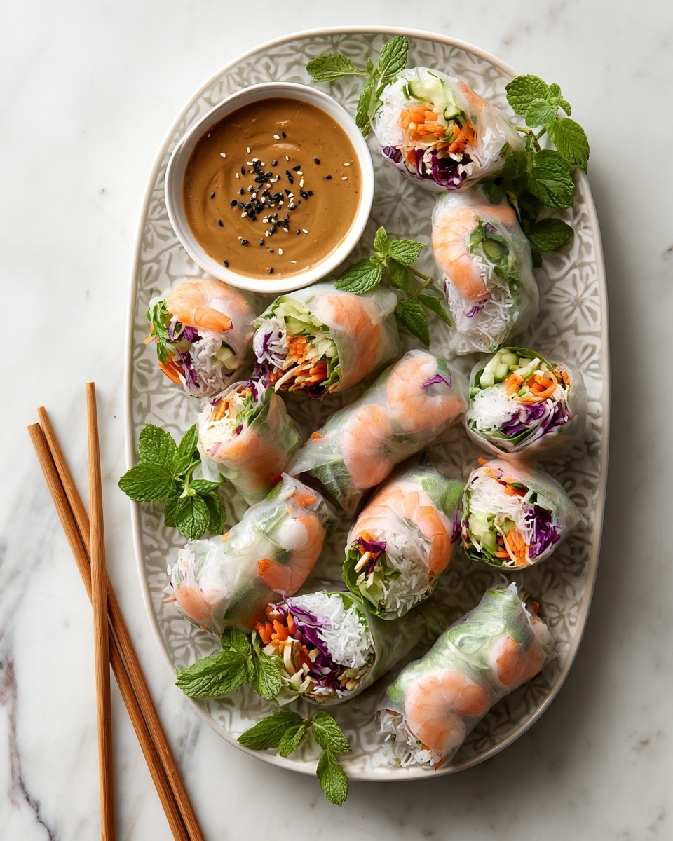 An oval white plate with a subtle lace-like pattern holds ten fresh spring rolls arranged in a circle. Each roll is wrapped in translucent rice paper showing layers of orange shrimp, bright orange shredded carrots, green cucumber and lettuce, white rice noodles, and purple cabbage inside. A small round white bowl near the center contains creamy brown peanut sauce sprinkled with black and white sesame seeds. There are a few fresh green mint leaves on the plate near the top right and some green herb sprigs on the left side. Wooden chopsticks rest beside the plate on a white marbled surface. photo taken with an iphone --ar 4:5 --v 7