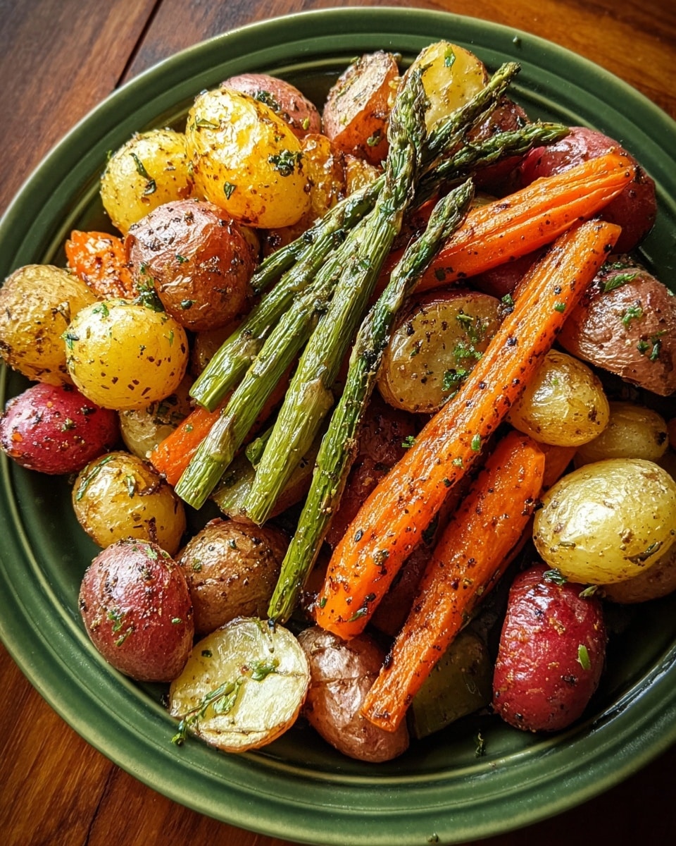 A close-up of a white plate full of roasted vegetables showing several layers: at the bottom, there are chunks of yellow and orange potatoes with a slightly crispy texture and a light herb coating; scattered on top, there are pieces of orange carrots, yellow bell peppers, and red onions with a glossy, roasted surface and some charred edges; mixed throughout are green asparagus spears with a slightly wrinkled texture and dark grill marks. The vegetables look fresh and juicy with a mix of bright colors and textures, all placed on a white marbled surface. Photo taken with an iphone --ar 4:5 --v 7