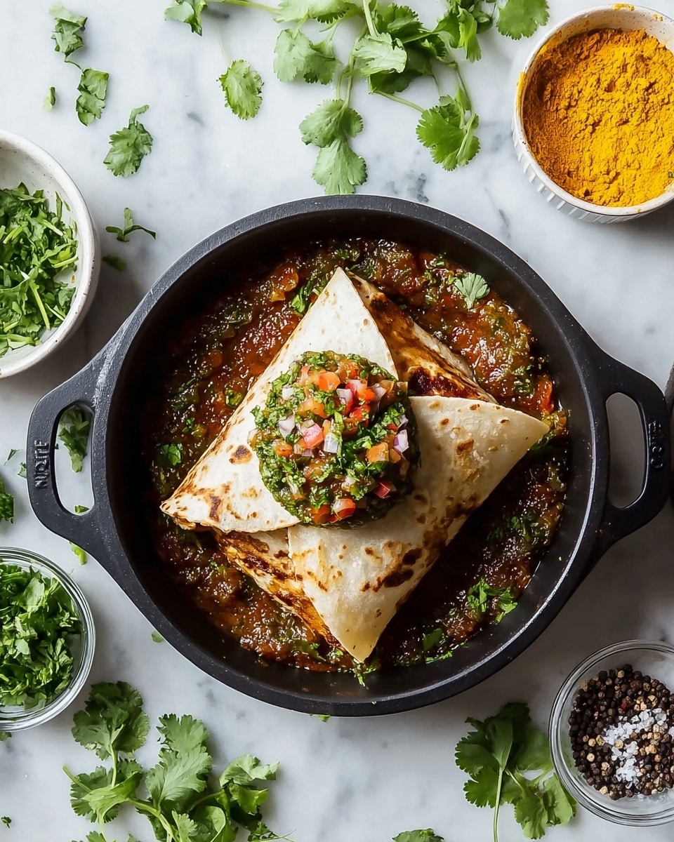 The image shows a black skillet on a white marbled surface holding a dish with three visible layers: the bottom layer is a chunky, dark green and reddish sauce with a thick texture, the middle layer is a folded pale beige tortilla with light brown toasted spots, and the top layer is a small round scoop of chunky green sauce mixed with small pieces of red and white diced vegetables and garnished with fresh green cilantro leaves. Around the skillet, small white bowls contain fresh green cilantro, coarse salt, and black peppercorns, with additional fresh cilantro sprigs scattered on the surface. A small white glass bowl filled with bright yellow powder is also seen in the upper left corner. Photo taken with an iphone --ar 4:5 --v 7