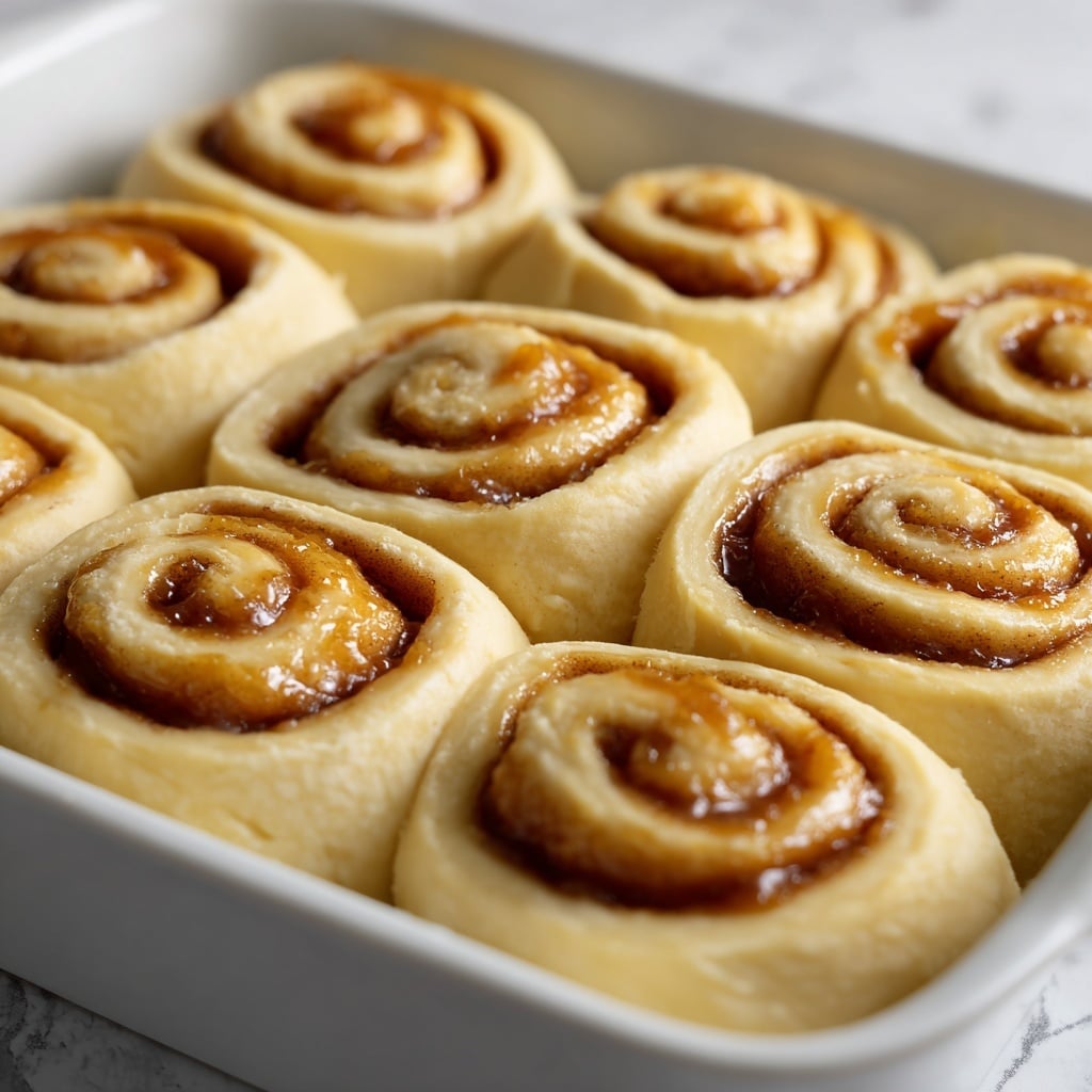 A close-up view of twelve unbaked cinnamon rolls arranged in a white baking dish, each roll showing multiple tight swirled layers of soft dough in pale golden yellow with a glossy caramel brown filling peeking between the layers. The rolls have a smooth texture with some slight folds at the outer edges, all placed closely together but not touching. The background is a white marbled surface. photo taken with an iphone --ar 4:5 --v 7