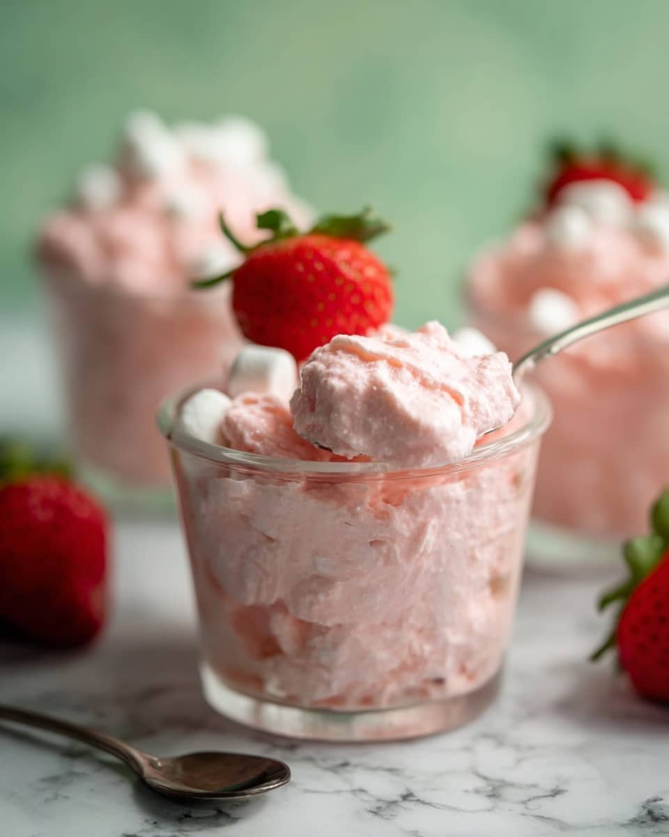 A clear cup filled with thick, fluffy pink strawberry mousse that has a creamy texture with small pieces mixed inside. On top of the mousse sits a bright red strawberry with green leaves, adding a fresh look. A silver spoon is placed on the right side of the cup, slightly dipped into the mousse. The cup is placed on a white marbled surface with soft light and blurred background showing hints of other strawberry mousse cups. Photo taken with an iphone --ar 4:5 --v 7
