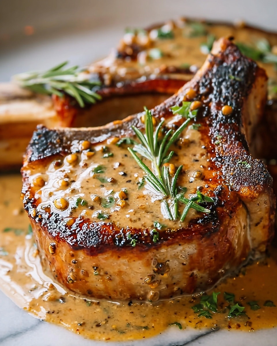 Two thick pork chops with a deep golden brown crust are placed on a round white plate, covered in a creamy light tan sauce speckled with black pepper and small mustard seeds. The pork chops have visible grill marks and are topped with small green rosemary sprigs and caramelized bits of garlic. The sauce pools around the meat, creating a rich, glossy base, while the white marbled texture underneath adds a clean contrast to the warm colors of the dish. photo taken with an iphone --ar 4:5 --v 7