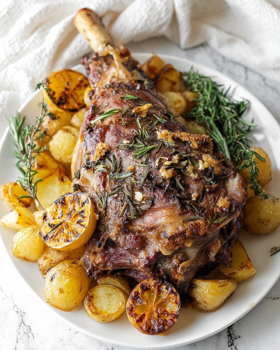 A large roasted lamb shank with a browned, slightly crispy crust and visible sprigs of rosemary covers most of a white plate. Beneath the lamb, there is a layer of golden roasted potato pieces with a slightly caramelized texture. On the sides of the plate, there are several grilled lemon halves with char marks, showing a rich yellow color. Fresh green rosemary and thyme sprigs add a touch of color and freshness next to the meat and potatoes. The scene is set on a white marbled textured surface with a white cloth nearby. photo taken with an iphone --ar 4:5 --v 7