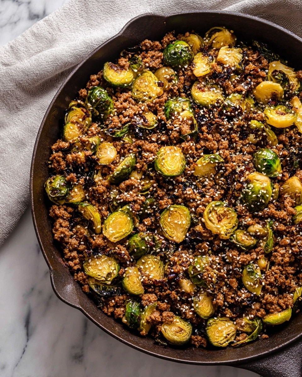 A close-up of a dark brown cast iron skillet filled with two main layers: the base layer is browned ground meat cooked finely, covering the whole skillet evenly, and mixed throughout are halved, roasted Brussels sprouts showing a golden yellow and green color with slight charring on edges. The top of the dish is scattered with white sesame seeds, adding small pops of contrast over the mixed textures of meat and roasted vegetables. The skillet rests on a white marbled surface with a light grey cloth partially visible in the background. photo taken with an iphone --ar 4:5 --v 7