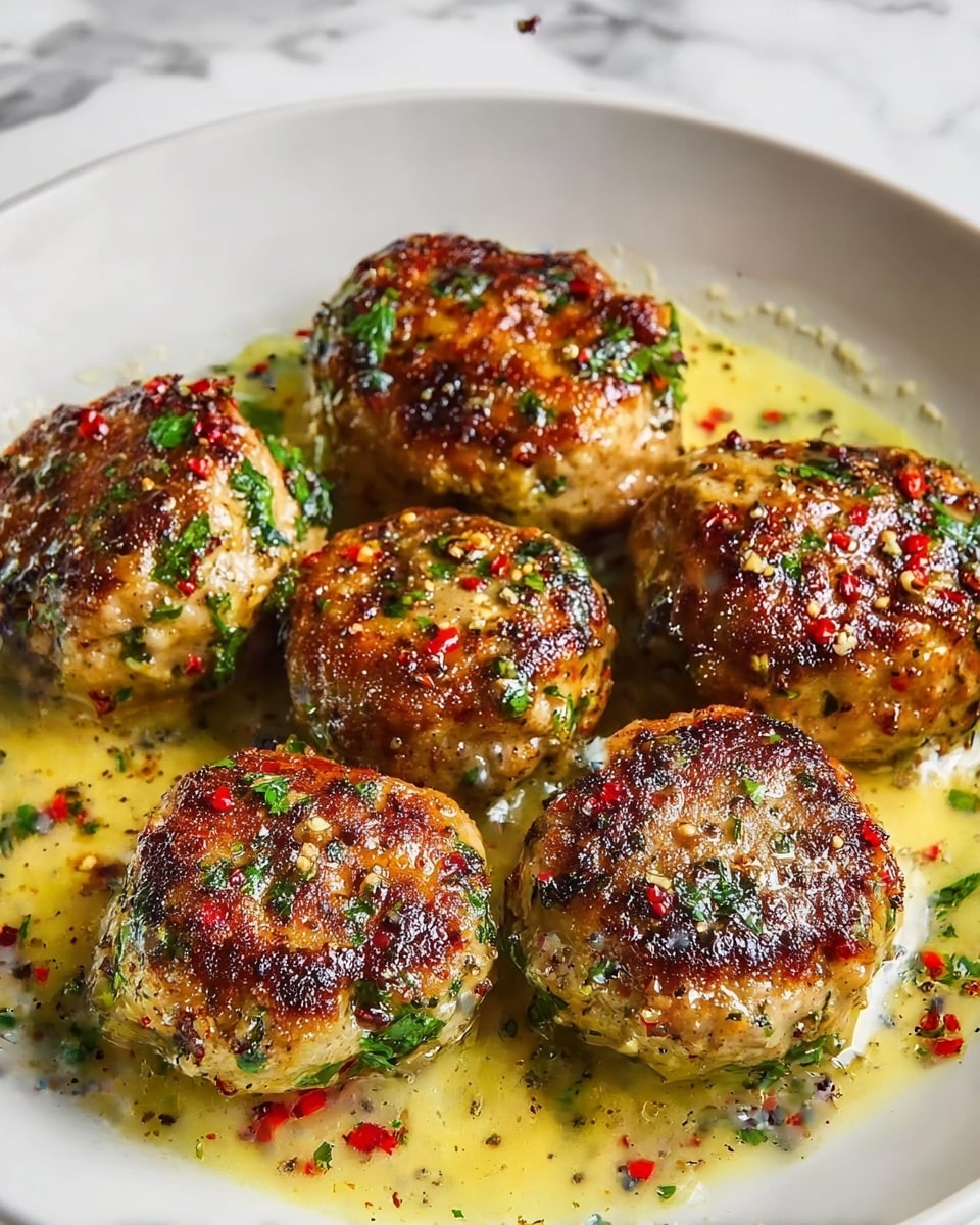 The image shows six golden-brown meat patties arranged closely in a white bowl, each patty browned with a crispy outer layer that reveals herbs and spices mixed inside, including visible green and red bits. They sit in a light, creamy yellow sauce with some herbs scattered throughout, giving a slightly oily and rich texture. The surface of the patties appears juicy and textured with specks of black pepper and small red chili flakes. The background is a white marbled texture. photo taken with an iphone --ar 4:5 --v 7
