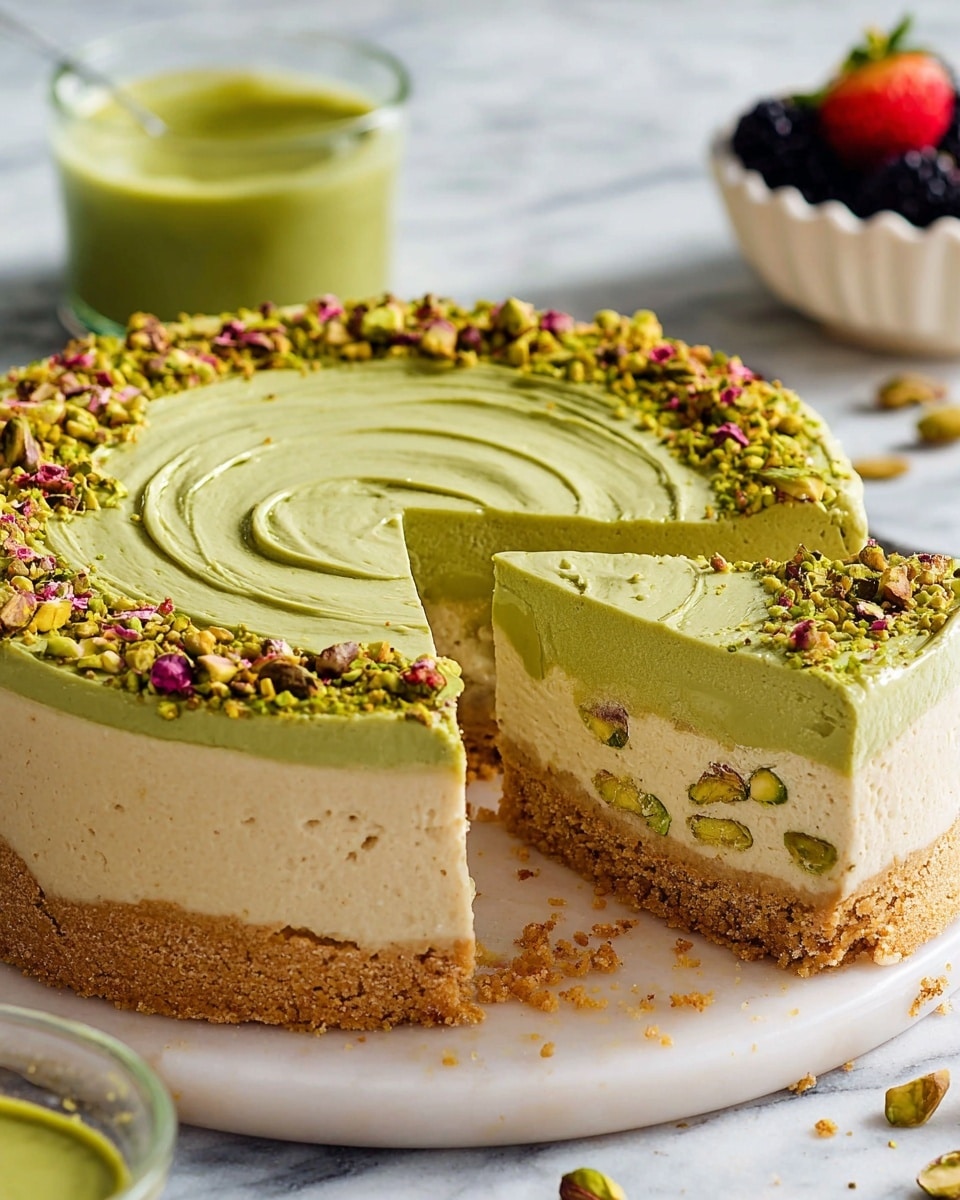 A slice has been cut out from a round cheesecake with three visible layers: a thick, light brown crumb crust at the bottom and sides, a creamy pale beige cheesecake layer in the middle with small green pistachio pieces inside, and a smooth, light green matcha topping with swirled texture on top. The edge of the green topping is decorated with crushed pistachios mixed with some tiny pink bits. The cheesecake sits on a white plate with a few crumbs around it, on a white marbled surface. Nearby are a small glass bowl of green matcha cream and a white scalloped bowl with blackberries and a strawberry. photo taken with an iphone --ar 4:5 --v 7