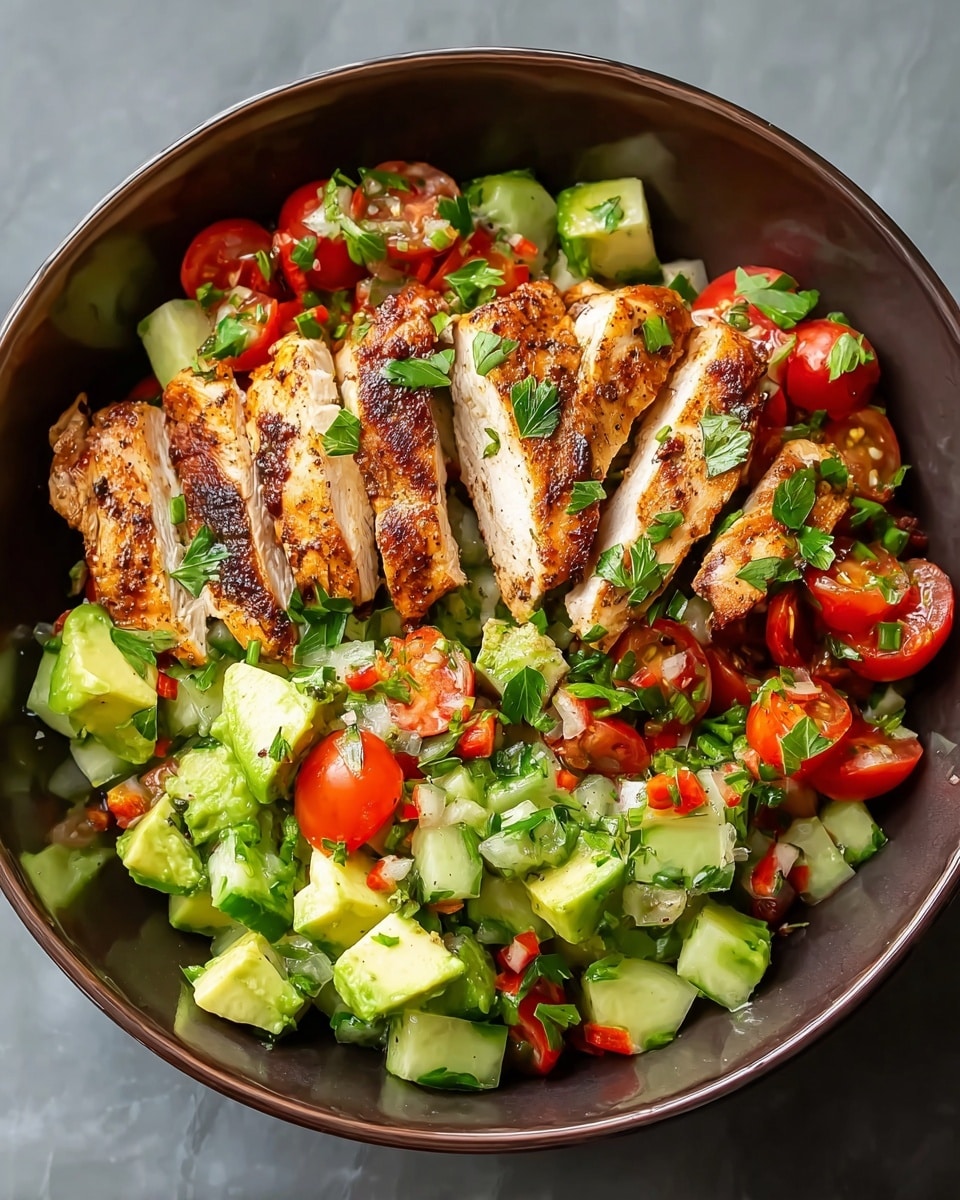 A dark brown bowl filled with a fresh salad showing three main layers: the bottom layer has chopped green avocado and cucumber pieces mixed with bright red cherry tomato halves and small diced red bell peppers, all garnished with chopped green parsley leaves; the middle layer features several grilled chicken breast slices with a golden brown, slightly charred texture, arranged in the center; the top layer is scattered with extra parsley leaves for a fresh green touch. The bowl sits on a white marbled surface. Photo taken with an iphone --ar 4:5 --v 7