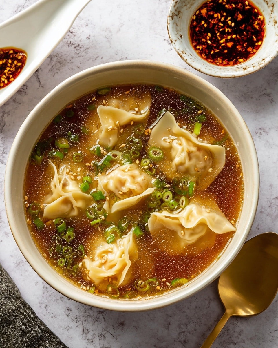 A white bowl filled with a clear, dark brown broth that covers eight light beige wontons with soft, slightly wrinkled texture floating evenly. Thinly sliced bright green scallions are scattered on top along with small pieces of crushed red pepper flakes and sesame seeds, adding texture and color contrast. The bowl is placed on a round wooden surface with a white marbled texture in the background. Another similar bowl with wontons is partially visible in the back. photo taken with an iphone --ar 4:5 --v 7
