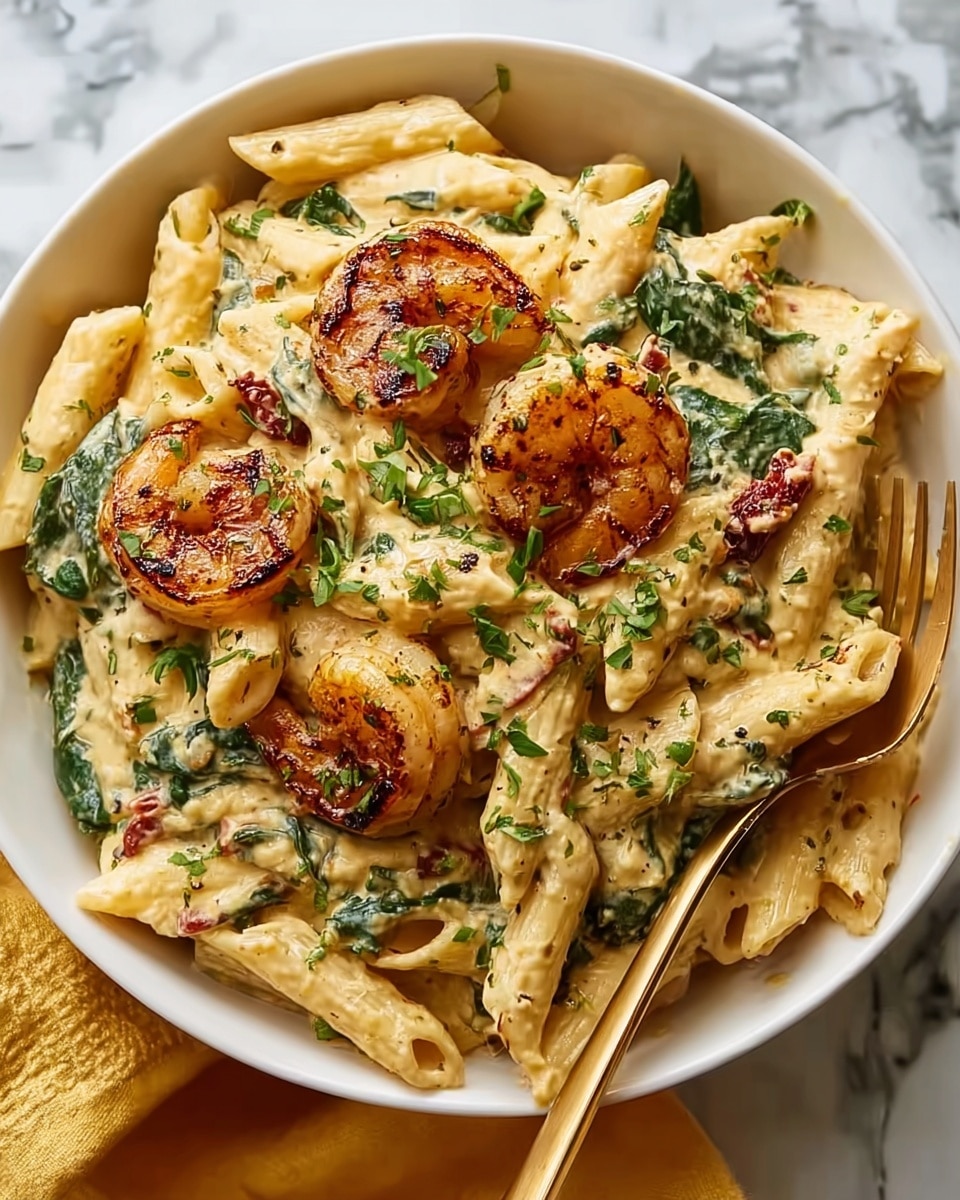 The image shows a white skillet filled with creamy penne pasta that has a smooth, light orange sauce evenly coating each piece. There are several grilled shrimp with a golden brown color and slightly charred texture placed on top and around the pasta. Scattered fresh green spinach leaves and chopped herbs add a bright contrast, blending in with the pasta. The skillet rests on a white marbled surface with fresh spinach leaves and a mustard yellow cloth partially visible nearby, creating a warm and inviting scene. Photo taken with an iphone --ar 4:5 --v 7