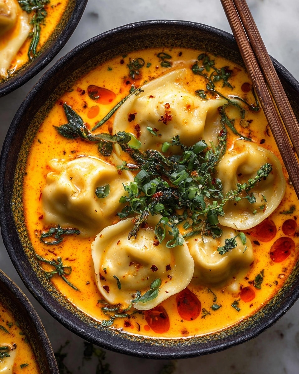 A round silver pan filled with eight plump, golden brown dumplings soaking in a thick, creamy orange sauce that has small red oil spots scattered on top. The dumplings have slightly crispy, ruffled edges and soft, smooth centers. Bright green chopped herbs are sprinkled over the dumplings and sauce, adding a fresh contrast to the warm colors. The pan sits on a white marbled surface, and both pan handles with a shiny finish are visible. photo taken with an iphone --ar 4:5 --v 7