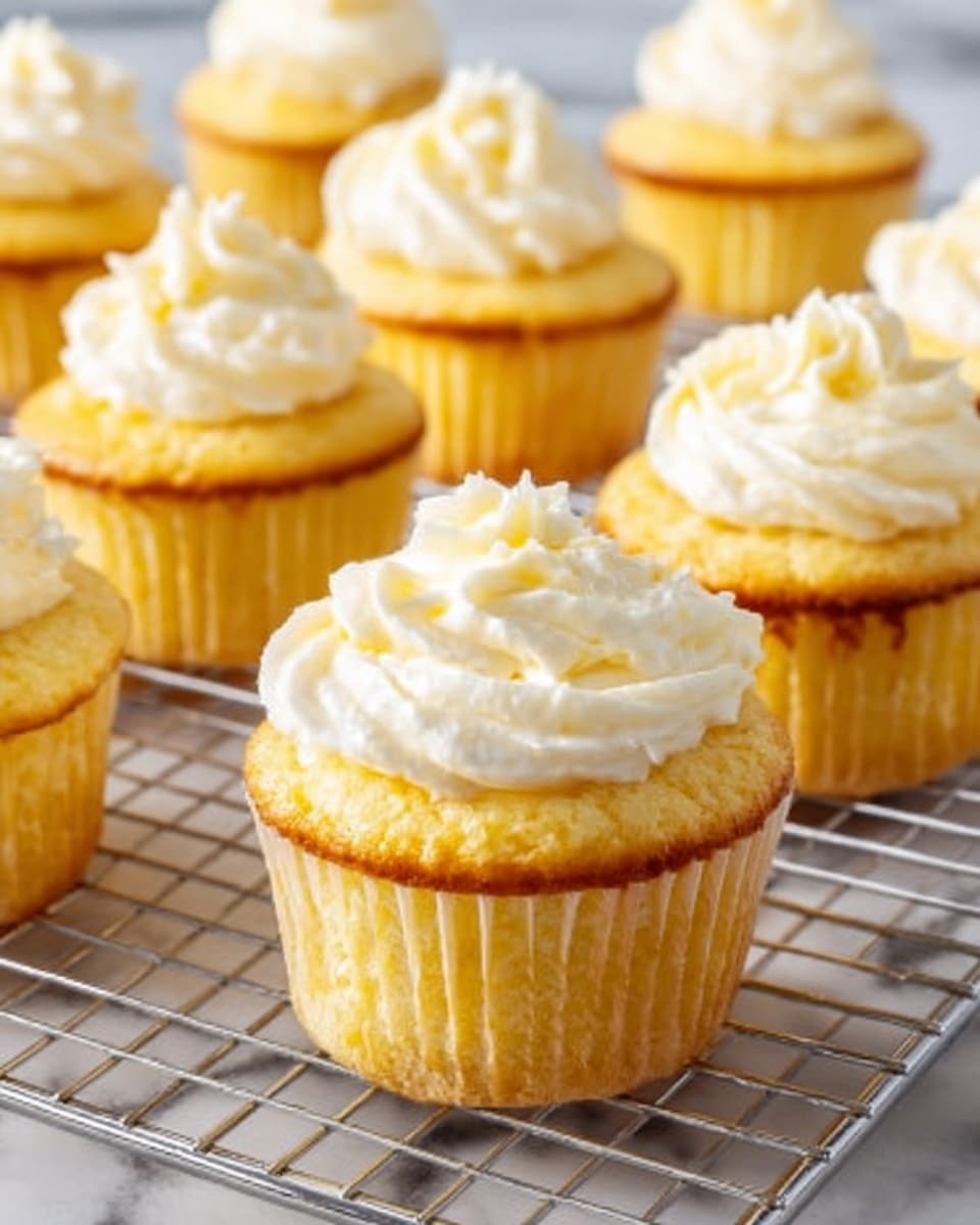 The image shows a group of nine lemon cupcakes arranged on a black cooling rack placed on a white marbled surface. Each cupcake has a soft golden-yellow base with a fluffy texture, topped with a dollop of creamy white frosting that is swirled on top. A small amount of finely grated lemon zest, bright yellow in color, is sprinkled on the frosting of each cupcake. In the background, several whole lemons are scattered, slightly blurred. The lighting highlights the fresh, moist look of the cupcakes. Photo taken with an iphone --ar 4:5 --v 7