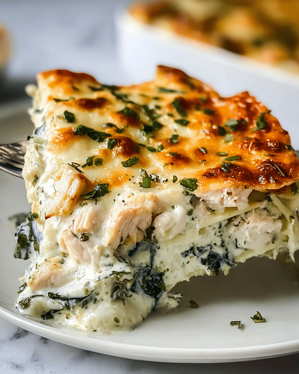 A close-up image shows a slice of white lasagna on a white plate over a white marbled surface, featuring four visible layers: the bottom layer is a smooth white sauce, the second layer consists of cooked green spinach leaves, the third layer includes chunks of cooked white chicken, and the top layer is melted golden-brown cheese with small green herb pieces sprinkled on top. The slice has a slightly browned and bubbly cheese crust, with a metal fork lifting part of the lasagna in the foreground. photo taken with an iphone --ar 4:5 --v 7