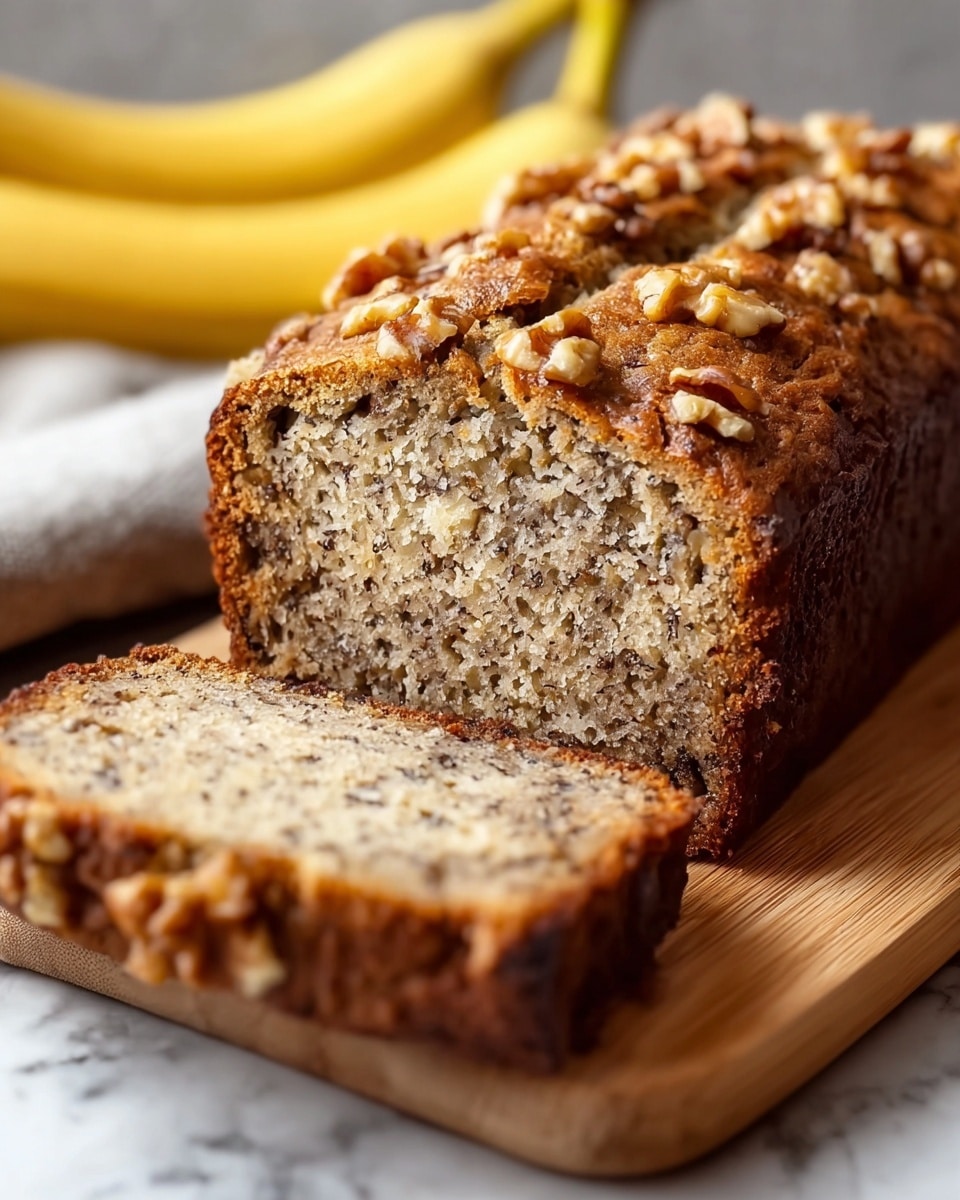 A loaf of banana bread with a golden brown crust sits on a light wooden board. The bread has a soft, moist inside with tiny darker specks throughout, showing the baked bananas. The top layer is covered with a generous amount of uneven walnut pieces, adding texture and a crunchy look. One thick slice is cut and placed in front of the loaf, revealing the crumbly brown interior. The scene has a white marbled textured surface underneath, enhancing the warm and natural colors of the bread. photo taken with an iphone --ar 4:5 --v 7