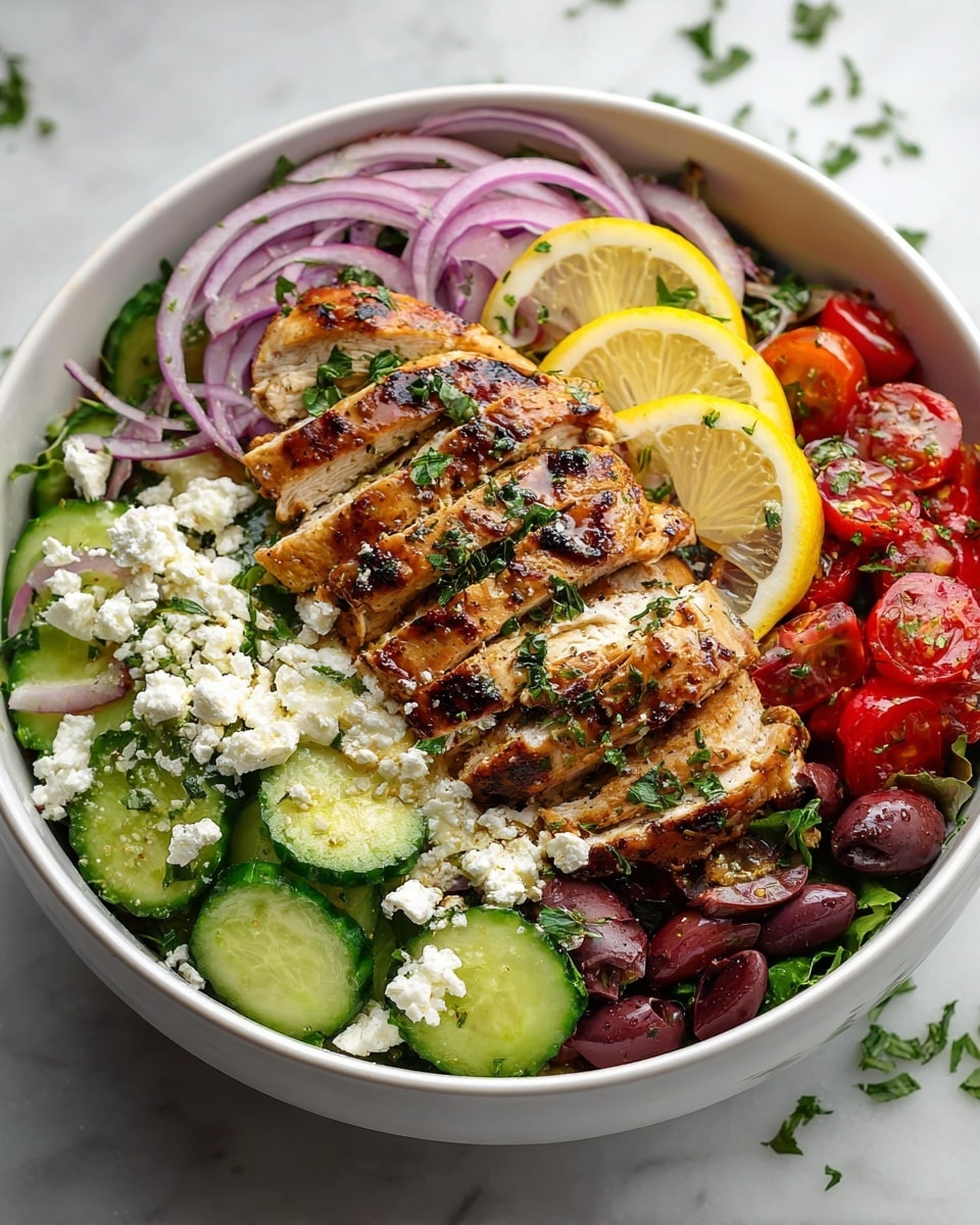 In a white bowl on a white marbled surface, there is a colorful Greek salad with five main visual layers: at the center, grilled chicken breast slices with a golden-brown, slightly charred texture sprinkled with fresh green herbs; to the top left, thin rings of purple-red onions; below the onions, bright green cucumber slices with skin on; on the right side, bright red cherry tomato halves mixed with dark purple olive slices; and scattered throughout the salad, white crumbled feta cheese adding a crumbly texture and contrast. Two thin lemon slices rest near the grilled chicken at the top. The photo is detailed with fresh herbs around the bowl. Photo taken with an iphone --ar 4:5 --v 7