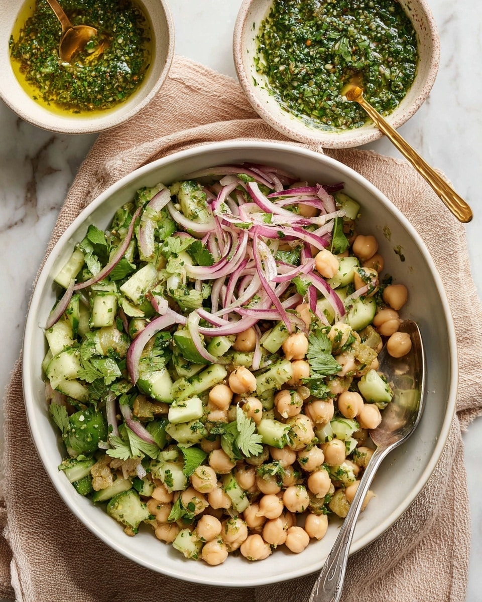 A white shallow bowl filled with a mixed bean salad that has three main layers: the bottom layer is made of light beige chickpeas and creamy white beans, the middle layer shows bright green cucumber pieces cut into chunks, and the top layer has thin slices of red onion and fresh green cilantro scattered throughout; the salad is coated in a chunky green herb dressing visible as a light green sauce on the beans and vegetables. A silver spoon is partially submerged in the salad on the right side of the bowl, and in the background, two smaller white bowls contain different green herb mixtures with a gold spoon resting in one. The entire setup is placed on a soft beige cloth over a white marbled surface. photo taken with an iphone --ar 4:5 --v 7