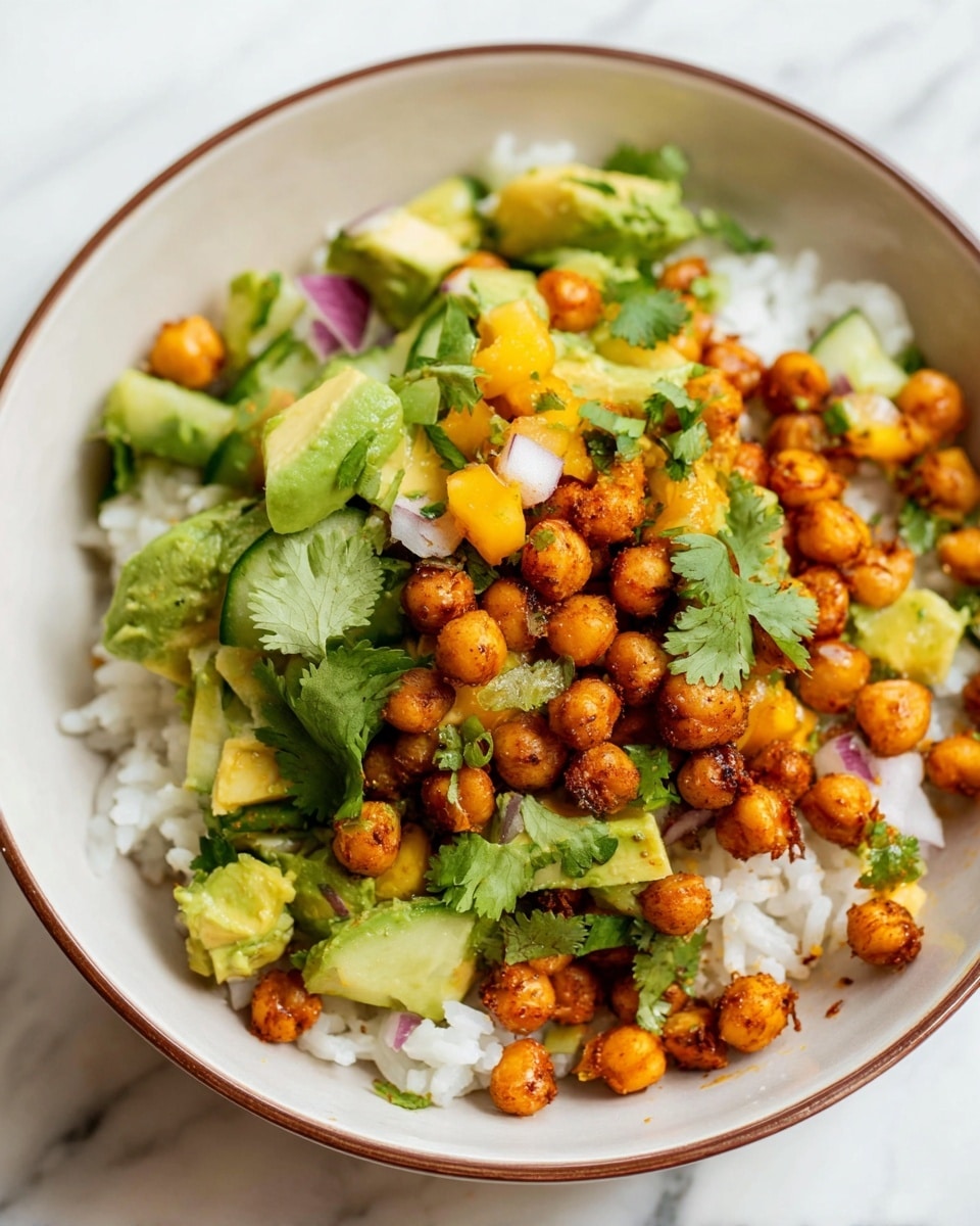 A white bowl with a brown rim holds a vibrant dish with three main layers. At the bottom, there is a layer of cooked white rice mixed lightly with grains, showing a soft, fluffy texture. On top of the rice, there are bright chunks of orange mango mixed with pieces of green avocado, small diced cucumber, and tiny bits of red onion, all tossed together with fresh cilantro leaves, creating a colorful, fresh salad layer. The top layer features crispy, golden-brown chickpeas scattered generously, giving a crunchy contrast to the soft fruits and vegetables beneath. The whole dish is set on a white marbled surface. photo taken with an iphone --ar 4:5 --v 7
