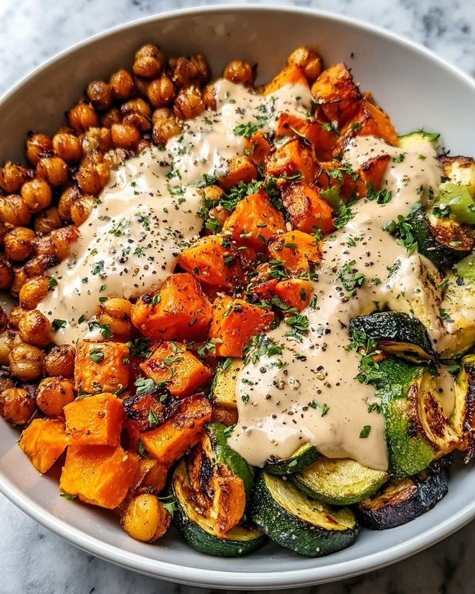 A white bowl filled with three clear layers of food: the bottom layer has grilled orange carrot chunks with some char marks and grilled green zucchini slices with dark grill marks, mixed with bright red roasted pepper strips; the middle layer is a generous heap of golden brown roasted chickpeas that look crispy and seasoned; the top layer is a creamy light tan sauce drizzled over the chickpeas and vegetables, sprinkled with finely chopped green herbs and cracked black pepper for a textured look. The whole bowl rests on a white marbled surface. photo taken with an iphone --ar 4:5 --v 7