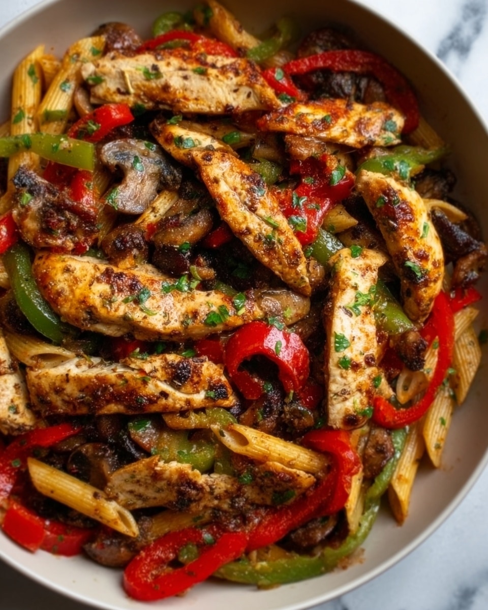 The image shows a close-up of a white bowl filled with a colorful stir-fry dish. The bottom layer consists of long, cooked penne pasta in a light brown sauce. On top, there are strips of grilled chicken with a slightly charred texture and golden brown color. Scattered among the chicken and pasta are slices of red and green bell peppers and mushrooms, adding bright red, green, and light brown colors with a soft, cooked texture. The ingredients look slightly glossy from the sauce, and the bowl is placed on a white marbled surface. Photo taken with an iphone --ar 4:5 --v 7