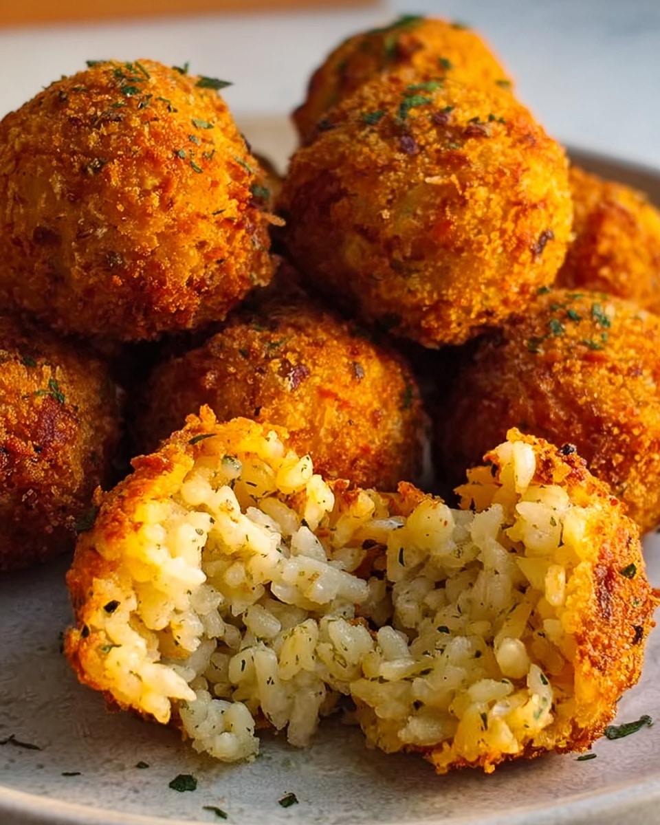 A group of round, golden-brown fried rice balls sits on a white plate with a white marbled surface visible underneath. The rice balls have a crispy, textured outer layer with a warm brown color. One rice ball is broken open in the front, showing the soft, seasoned rice inside, which is light yellowish with small bits of herbs and spices speckled throughout. The balls are closely packed, with a few blurred in the background, creating a cozy and appetizing look. photo taken with an iphone --ar 4:5 --v 7