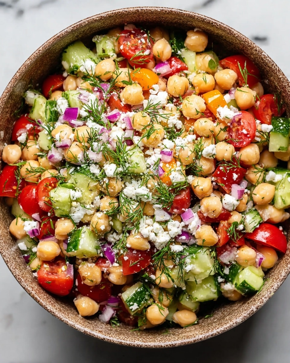 A bowl filled with a fresh chickpea salad showing multiple layers: the base layer is beige chickpeas, mixed throughout with bright green cucumber pieces cut into chunks, and small halves of red cherry tomatoes and orange bell peppers. Scattered on top are small purple-red diced onions and white crumbled feta cheese bits. The salad is garnished with green dill sprigs, all inside a round brown speckled bowl, placed on a white marbled surface. Photo taken with an iphone --ar 4:5 --v 7