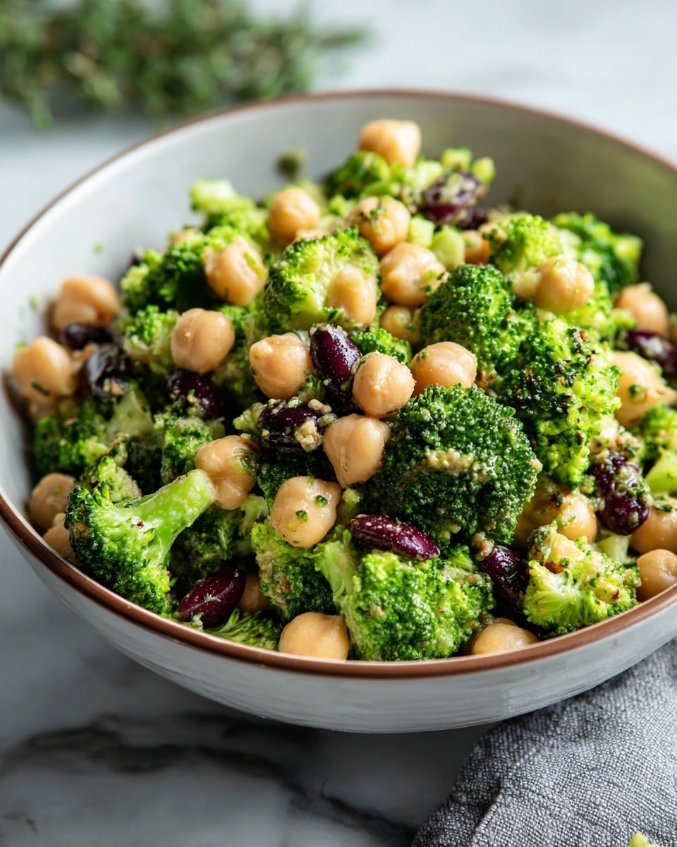The image shows a close-up of a broccoli and chickpea salad in a white bowl with a thin brown rim. The salad contains three main visible layers: bright green broccoli florets with a fresh, slightly coarse texture; round, smooth, beige chickpeas scattered evenly throughout; and small dark purple or black kidney beans mixed in. The salad appears lightly coated with a dressing that gives a subtle shine to the ingredients. The bowl is placed on a white marbled surface with a piece of gray cloth nearby, and there is some greenery blurred in the background, adding a fresh touch. photo taken with an iphone --ar 4:5 --v 7