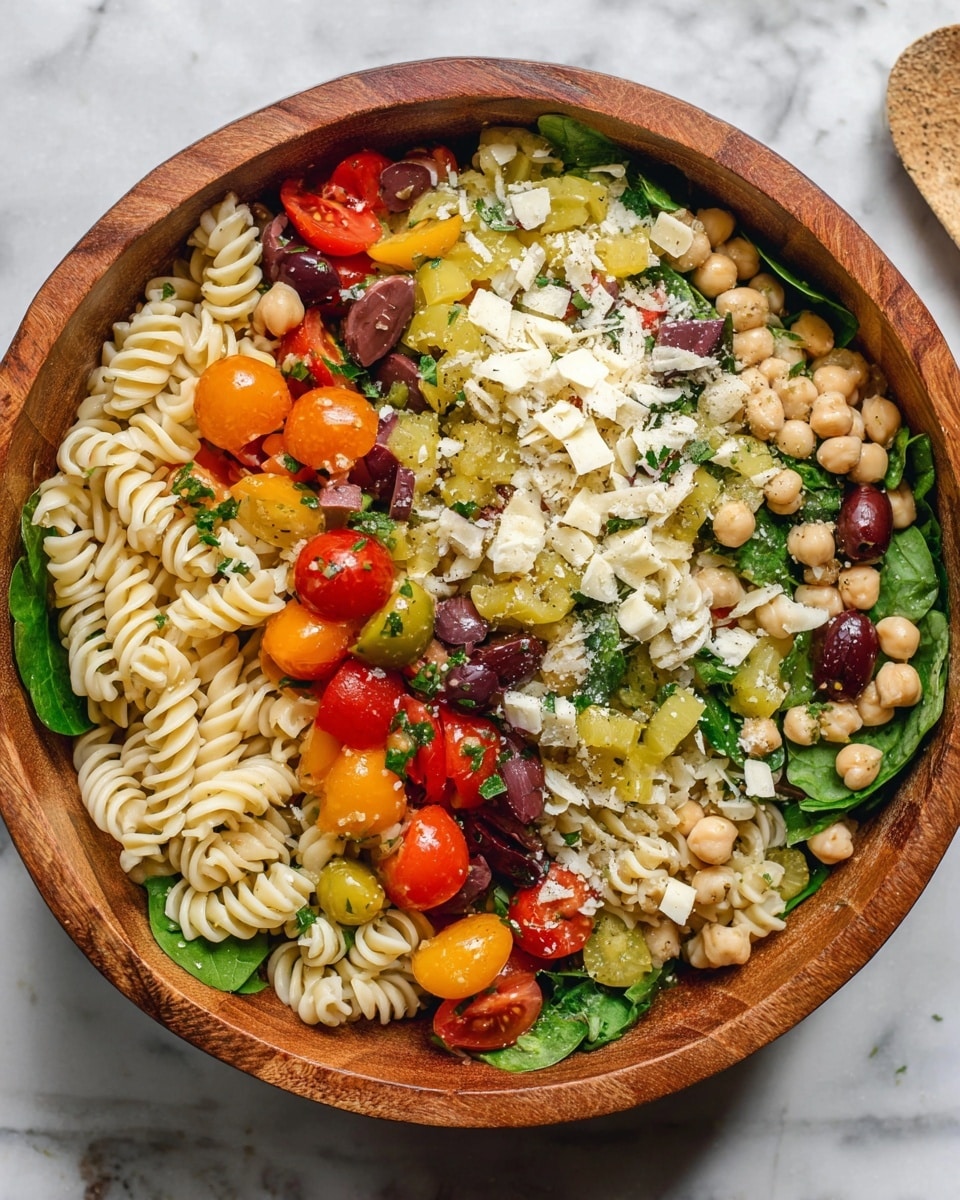 A wooden bowl filled with a colorful pasta salad, featuring three main layers: the base layer consists of spiral rotini pasta in a pale cream color, the middle layer holds a mix of halved cherry tomatoes in bright red and orange, green spinach leaves, and sliced dark purple olives, and the top layer is sprinkled with light beige chickpeas, small white cheese cubes, sliced yellow-green pepperoncini, finely chopped fresh green herbs, and bits of grated cheese. The bowl sits on a white marbled surface with a soft light illuminating the fresh ingredients. Photo taken with an iphone --ar 4:5 --v 7