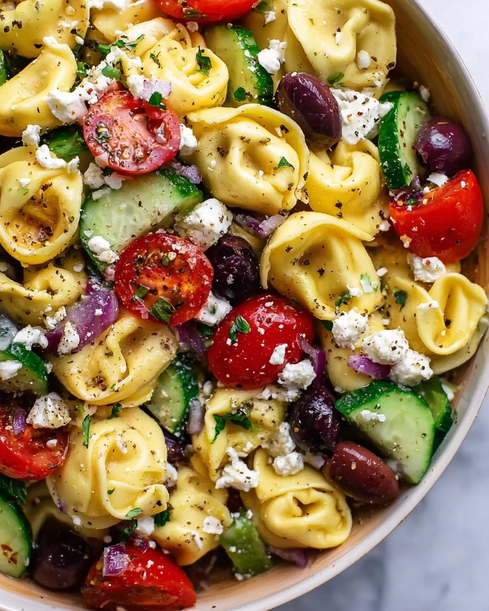 A wooden bowl filled with a colorful salad featuring multiple layers: the base layer has yellow tortellini pasta, topped with bright red cherry tomato halves, light green cucumber slices, dark purple Kalamata olives, small chunks of white feta cheese, and thin slices of purple onion, sprinkled with finely chopped green herbs throughout. The bowl is placed on a rustic wooden surface with a white marbled texture in the background. photo taken with an iphone --ar 4:5 --v 7