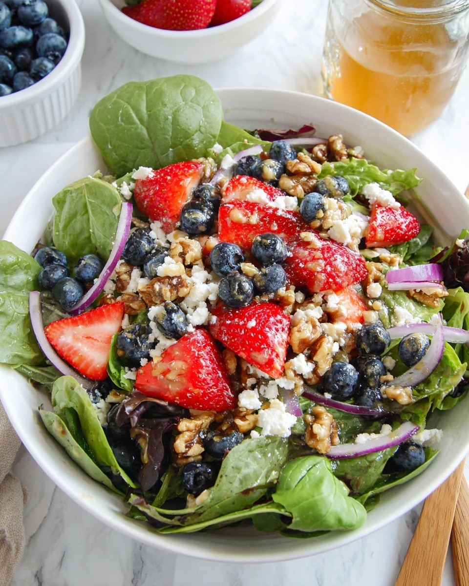 A fresh salad presented in a white bowl with mixed green leafy base, including spinach and lettuce with visible green and purple shades, topped with bright red sliced strawberries and deep blue whole blueberries. There are thin, light purple slices of red onion scattered throughout, along with crumbled white cheese and golden-brown walnut pieces. The salad is drizzled with a light dressing that gives a slight shine to the nuts and fruits. A fresh green basil leaf is visible on one side, and the bowl rests on a white marbled surface with a small white bowl of blueberries and a glass jar with dressing blurred in the background. photo taken with an iphone --ar 4:5 --v 7