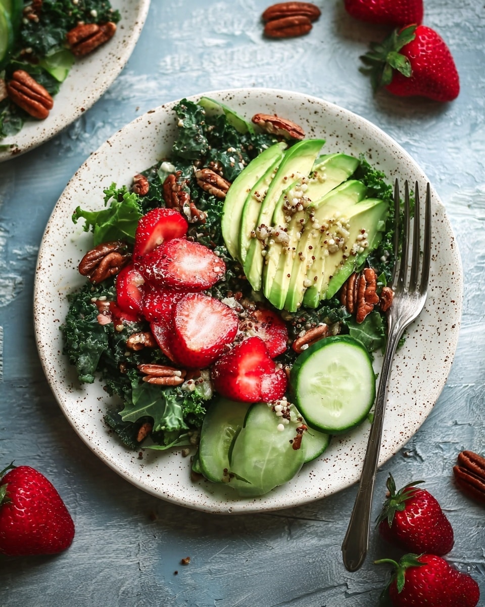 A fresh salad served on a white speckled plate shows three main layers: a base of dark green leafy kale, a middle layer with thinly sliced bright red strawberries and light green cucumber rounds, and a top layer featuring a sliced half of creamy light green avocado arranged in a fan shape, sprinkled with small white quinoa grains and scattered pieces of brown pecans. A silver fork rests on the right side of the plate, which sits on a white marbled textured surface with whole red strawberries and pecans placed around it. Photo taken with an iphone --ar 4:5 --v 7