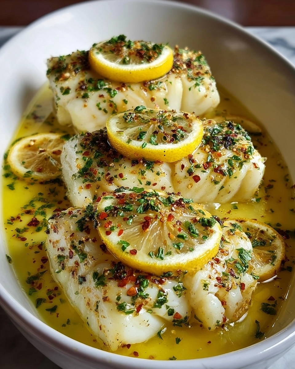 Three thick, white fish fillets with soft, slightly charred edges lay side by side in a shallow pool of bright yellow lemon butter sauce inside a white oval dish. Each fillet is topped with a thin, round lemon slice and sprinkled with small green parsley flakes and black pepper specks scattered evenly. Additional lemon slices float gently in the sauce around the fish, adding pops of yellow and translucent white. The sauce has a smooth, glossy texture, reflecting light warmly. The dish is set against a white marbled surface, enhancing the fresh look of the food. Photo taken with an iphone --ar 4:5 --v 7