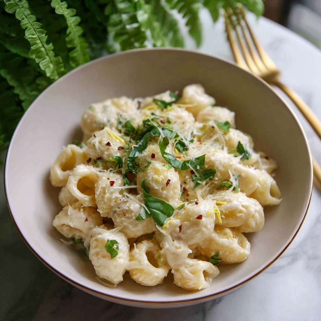 A white bowl filled with short tube-shaped pasta coated in a creamy white sauce, with fresh chopped green basil leaves scattered on top, small red chili flakes sprinkled over, and some grated pale yellow cheese or lemon zest adding texture. The pasta looks soft and thick, arranged loosely in the bowl. The bowl sits on a light wood table with a soft white marbled texture in the background and green fern leaves slightly out of focus behind. A gold fork is placed on the table nearby. Photo taken with an iphone --ar 4:5 --v 7
