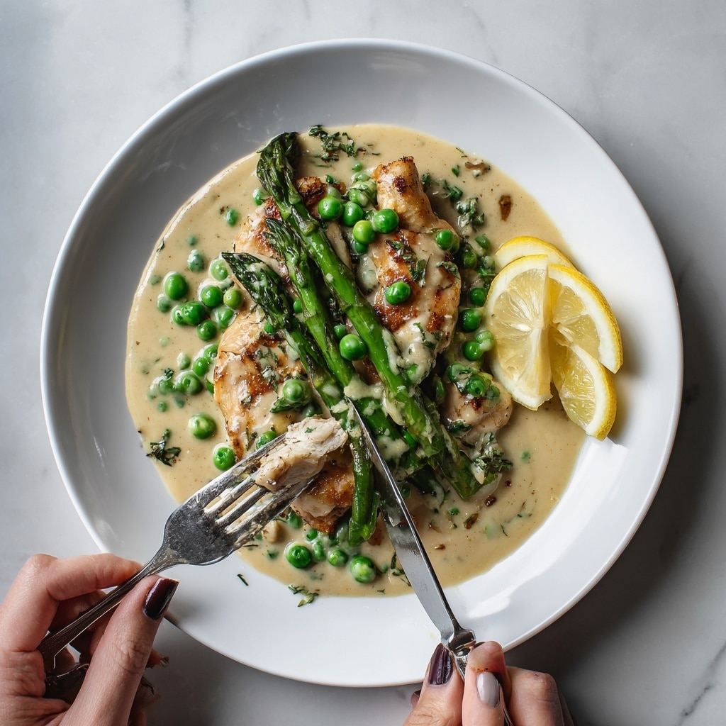 A white plate holds a creamy dish with three main layers: at the bottom, there are browned chicken pieces with a light golden crust; on top of the chicken, bright green peas and grilled asparagus spears are scattered, adding vibrant colors and textures; the entire dish is covered in a beige creamy sauce that looks rich and smooth, pooling slightly around the edges. On the right side of the plate are two thin lemon wedges with visible texture. A silver fork, held by a woman's hand, pierces a piece of chicken while a silver knife cuts into it. The background shows a white marbled texture. photo taken with an iphone --ar 4:5 --v 7