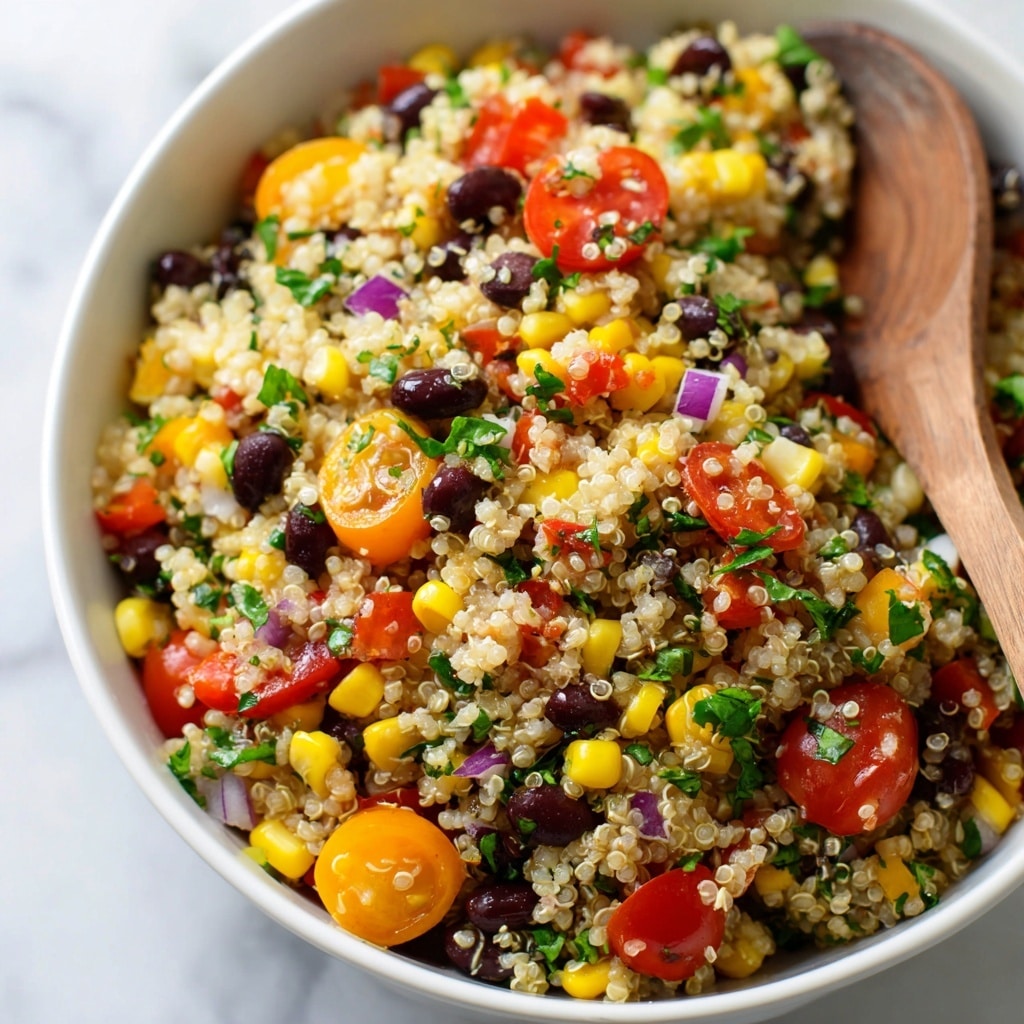 The image shows a detailed close-up of a quinoa salad with a mix of brightly colored ingredients. The base layer is light beige quinoa grains with a fluffy texture, mixed evenly throughout the dish. Scattered on top and mixed in are yellow corn kernels, red bell pepper chunks, black beans, small diced red onions, and green cilantro leaves, adding vibrant pops of yellow, red, black, purple, and green. There are also small slices of red tomatoes adding to the mix. The whole salad has a fresh, slightly glossy look, set against a white marbled texture background. photo taken with an iphone --ar 4:5 --v 7