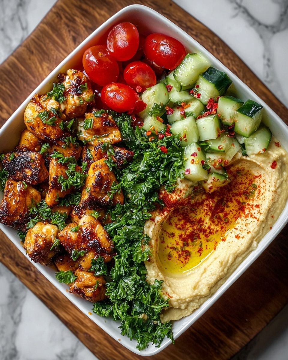 A white square plate holds a colorful dish divided into four sections, placed on a wooden tray with a white marbled background. The bottom right corner has a creamy light beige hummus spread with a smooth texture, topped with a pool of golden olive oil and sprinkled with red paprika. The bottom left side features charred golden brown grilled chicken pieces garnished with bright green chopped parsley. Above the chicken, the top left corner contains a mix of sliced bright red cherry tomatoes and finely chopped green parsley. The top right section is filled with medium-sized green cucumber chunks mixed with chopped parsley and small red chili flakes. The dish shows vibrant colors and fresh ingredients with a balanced arrangement. Photo taken with an iphone --ar 4:5 --v 7