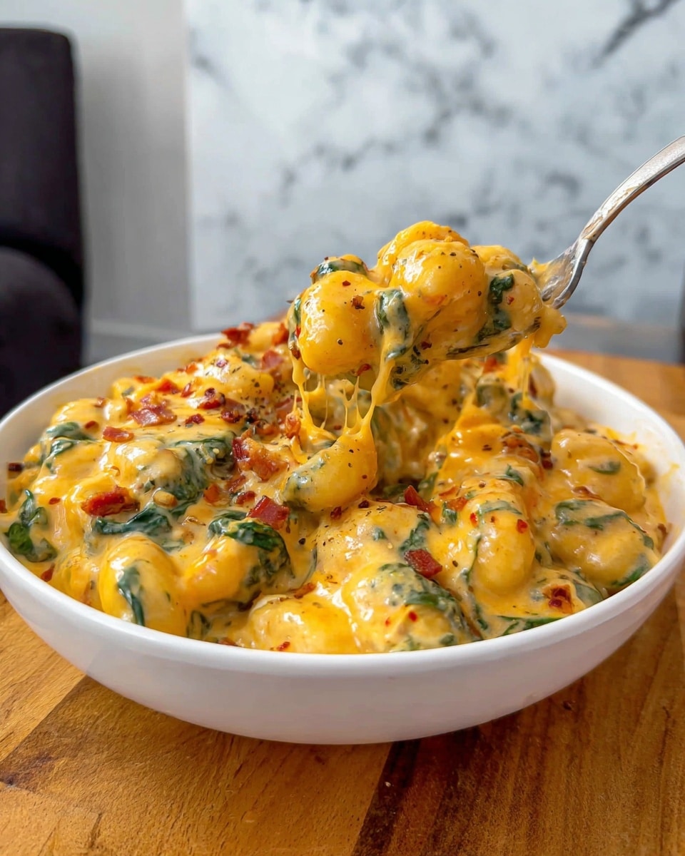 A white bowl filled with creamy yellow-orange gnocchi sauce that looks thick and rich, with visible green spinach leaves and small bits of red pepper mixed throughout. A spoon lifts a generous scoop of gnocchi coated in the sauce, showing the soft texture of the gnocchi and the creamy sauce dripping slightly. The bowl sits on a wooden cutting board, and the background has a white marbled texture. photo taken with an iphone --ar 4:5 --v 7