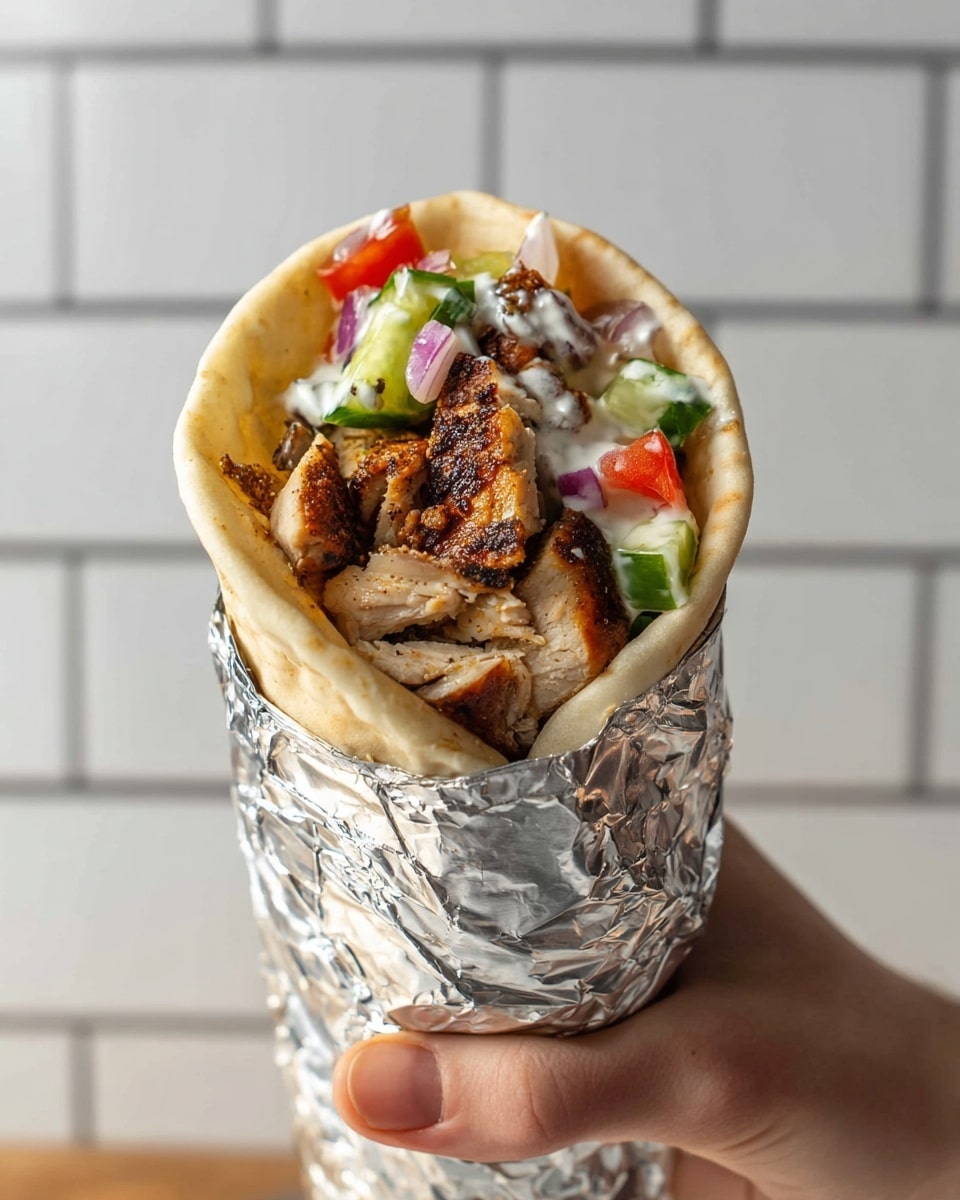Three chicken gyros wrapped in white pita bread are stacked on a white plate on a white marbled surface. Each gyro is partially wrapped in shiny silver foil at the back. Inside the pita, layers include a base of white creamy sauce, topped with grilled chicken pieces that are brown with some charred black edges, and a fresh mix of diced red tomatoes, green cucumber chunks, and thin slices of purple onion. The fillings are spilling slightly out of the open pita ends, showing a colorful and textured mix. photo taken with an iphone --ar 4:5 --v 7
