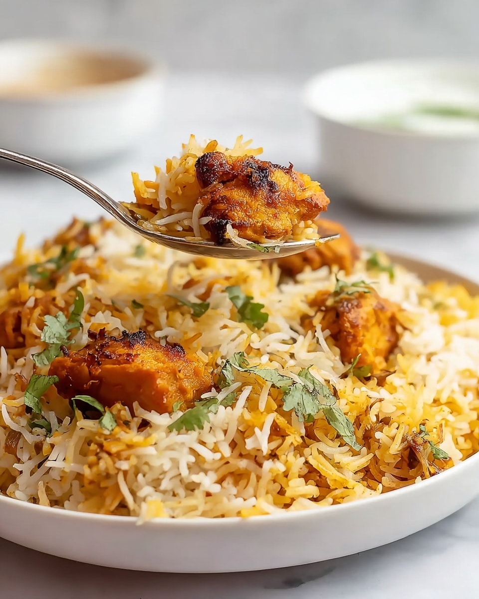 A round white plate holds a single layer of biryani with long grains of yellow and white rice mixed evenly. Scattered on top are golden brown cooked chicken pieces and dark golden fried onion slices, sprinkled with small green cilantro leaves for color. In the background, a small white bowl contains a chunky greenish-yellow pickle, and a shiny spoon rests nearby on a white marbled surface. The image captures the food in bright, natural light, emphasizing the different textures and colors of the dish. photo taken with an iphone --ar 4:5 --v 7