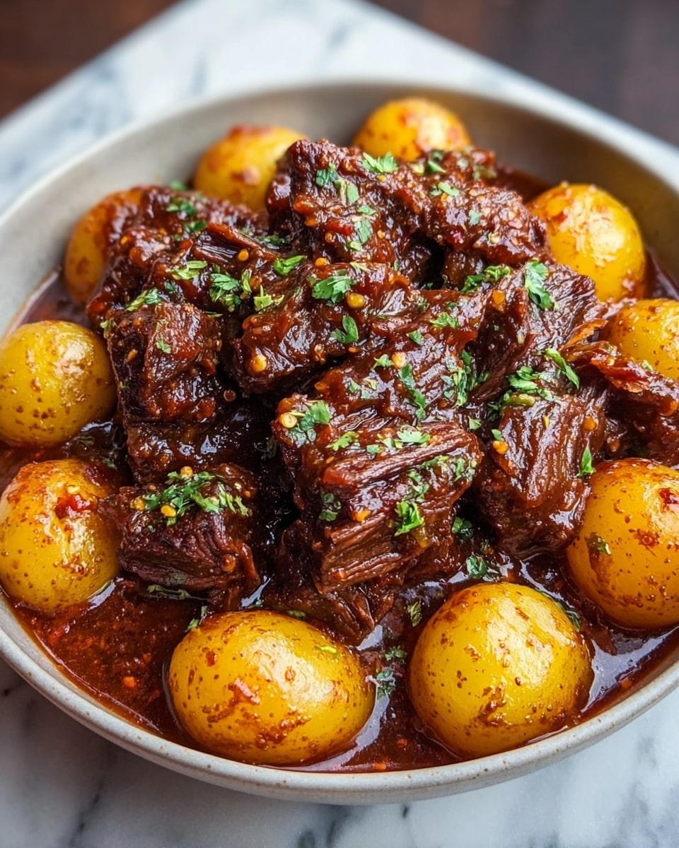 A deep bowl filled with dark brown, glossy chunks of braised beef on the top layer, showing texture with strands of meat visible, covered with finely chopped green herbs scattered over them. Below and around the beef are several whole baby potatoes, golden-yellow in color, also coated with a shiny, rich sauce that has red chili flakes and spices embedded. The sauce pools slightly at the bottom, mingling with the potatoes and beef, giving a thick, hearty look. The bowl is white and sits on a white marbled surface with a softly blurred background that hints of warm natural light. Photo taken with an iphone --ar 4:5 --v 7