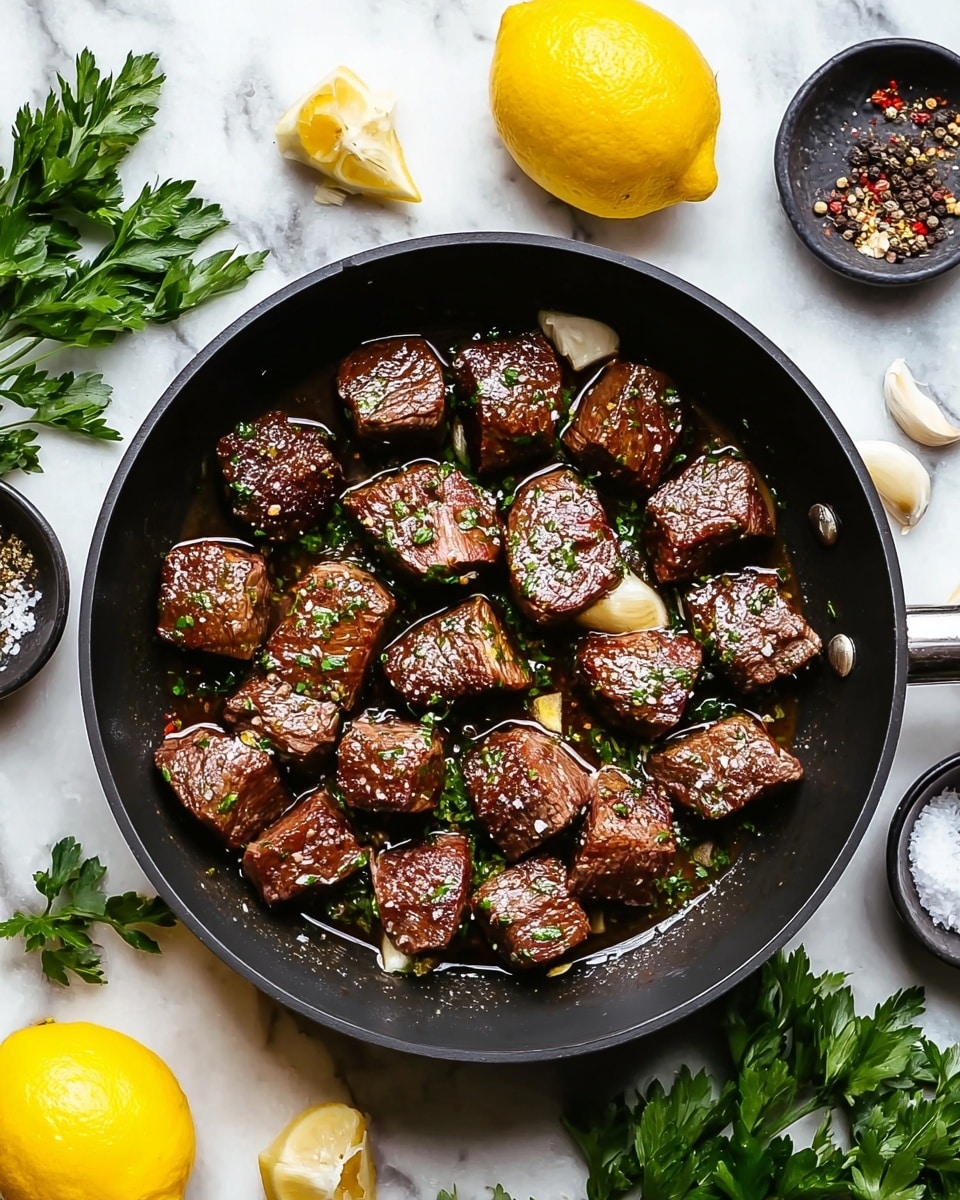 A black cast iron pan filled with about 15 small, thick cubes of browned steak, each piece topped with melted butter and sprinkled with fresh chopped green herbs and coarse salt. The pan is filled with a dark, glossy sauce that surrounds the steak cubes. Around the pan, there are sprigs of fresh green herbs, whole garlic bulbs, and a small white bowl of creamy yellow sauce on a white marbled surface. The look is rustic and savory with a focus on rich textures and a mix of deep brown, green, and creamy yellow colors. Photo taken with an iphone --ar 4:5 --v 7