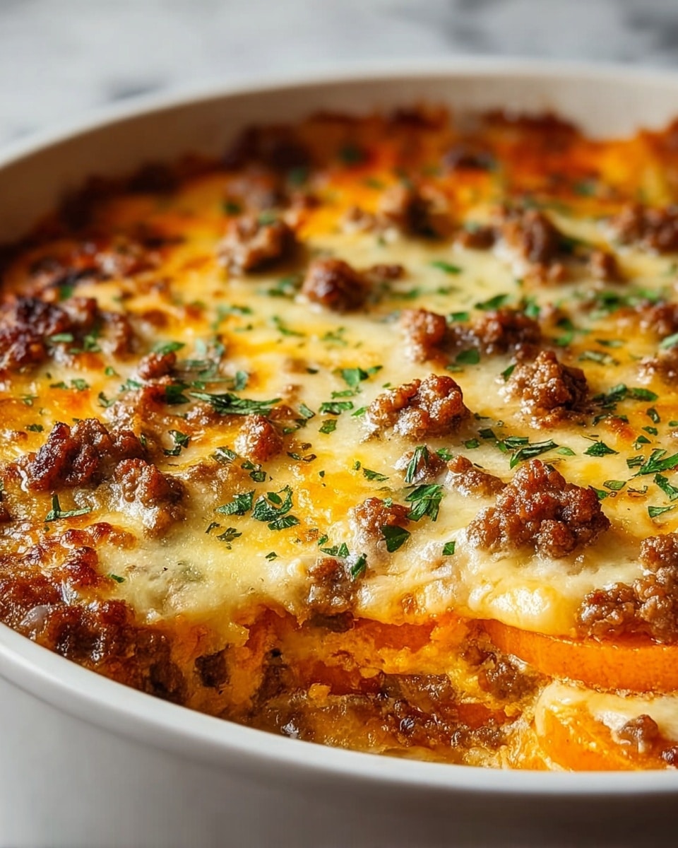 A close-up view of a baked dish in a white oval ceramic dish, showing layers of orange sweet potato slices at the bottom, topped with a melted golden-brown cheese layer that is sprinkled with browned crumbles of cooked sausage and small bits of green herbs scattered evenly across the surface. The edges of the dish show browned, slightly crispy cheese and sausage bits, adding texture and color contrast. The background is a white marbled texture. photo taken with an iphone --ar 4:5 --v 7
