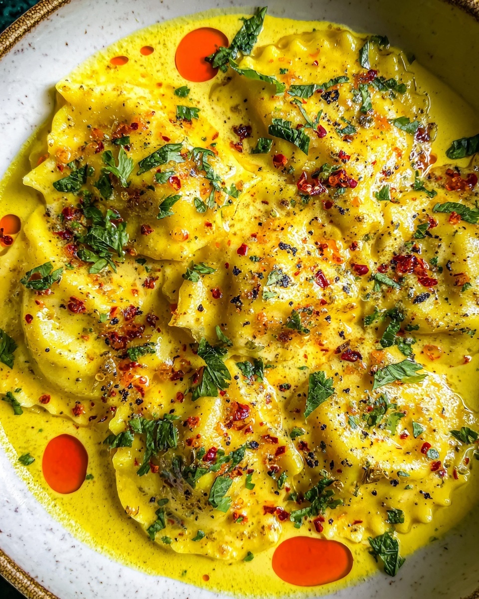 The dish shows several ravioli pieces, each with a light yellow pasta layer, covered in a creamy bright yellow sauce with a smooth texture. Small drops of bright orange oil scatter on top, creating a playful contrast. Finely chopped green herbs are sprinkled all over, adding fresh specks of color. A few chili flakes bring small hints of red, and a light dusting of cracked black pepper adds tiny dark spots. The ingredients sit in a white bowl with a white marbled texture visible around the edges. photo taken with an iphone --ar 4:5 --v 7
