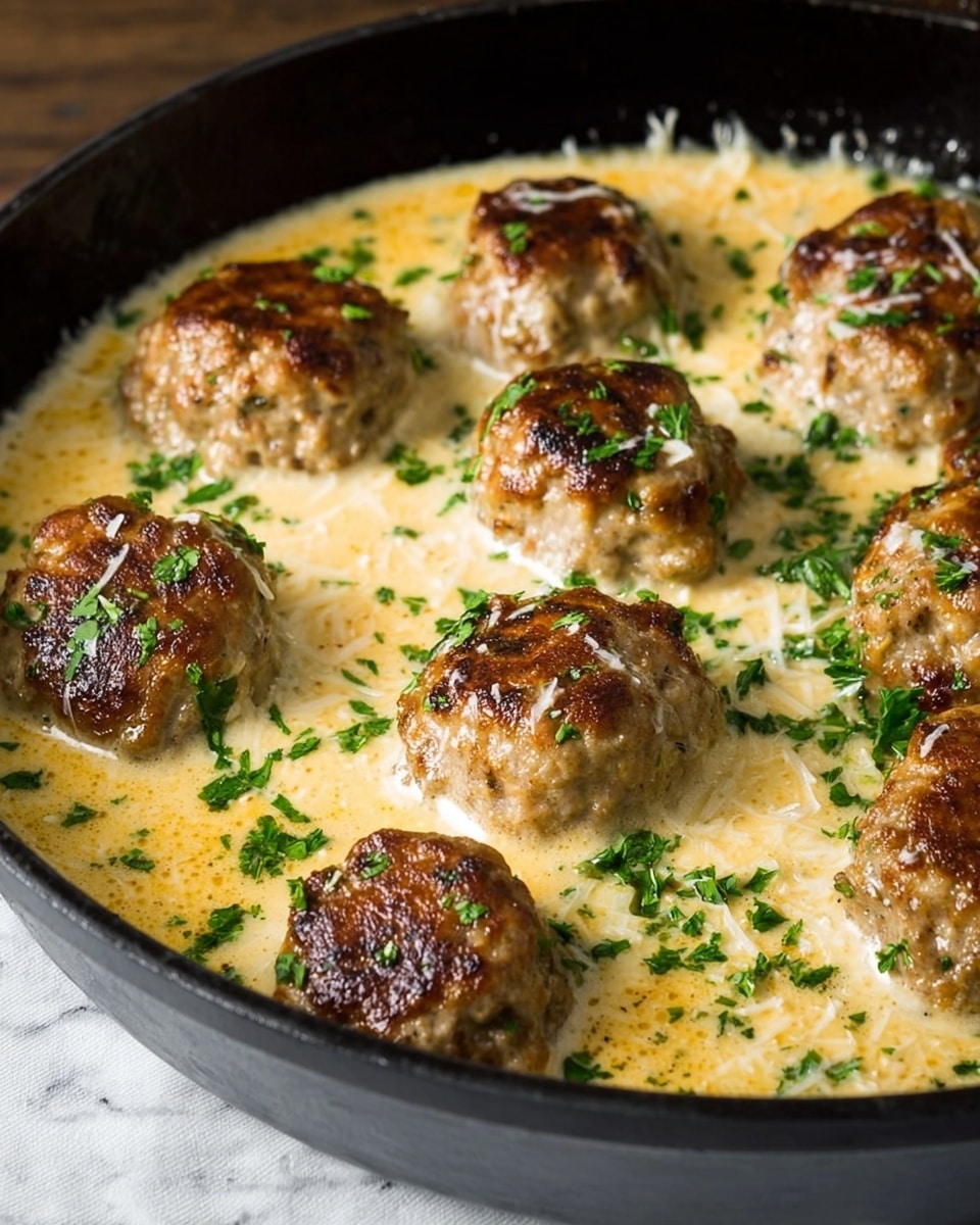 This dish shows a black skillet filled with eight browned meatballs that have a golden crust, sitting in a creamy, light yellow sauce with a smooth texture. The sauce has green parsley sprinkled evenly over the top and some melted cheese scattered lightly. The skillet rests on a dark wooden surface, but the background is changed to a white marbled texture. The meatballs are slightly raised from the sauce, creating a layered look with the browned meatballs on top and the creamy sauce below. photo taken with an iphone --ar 4:5 --v 7